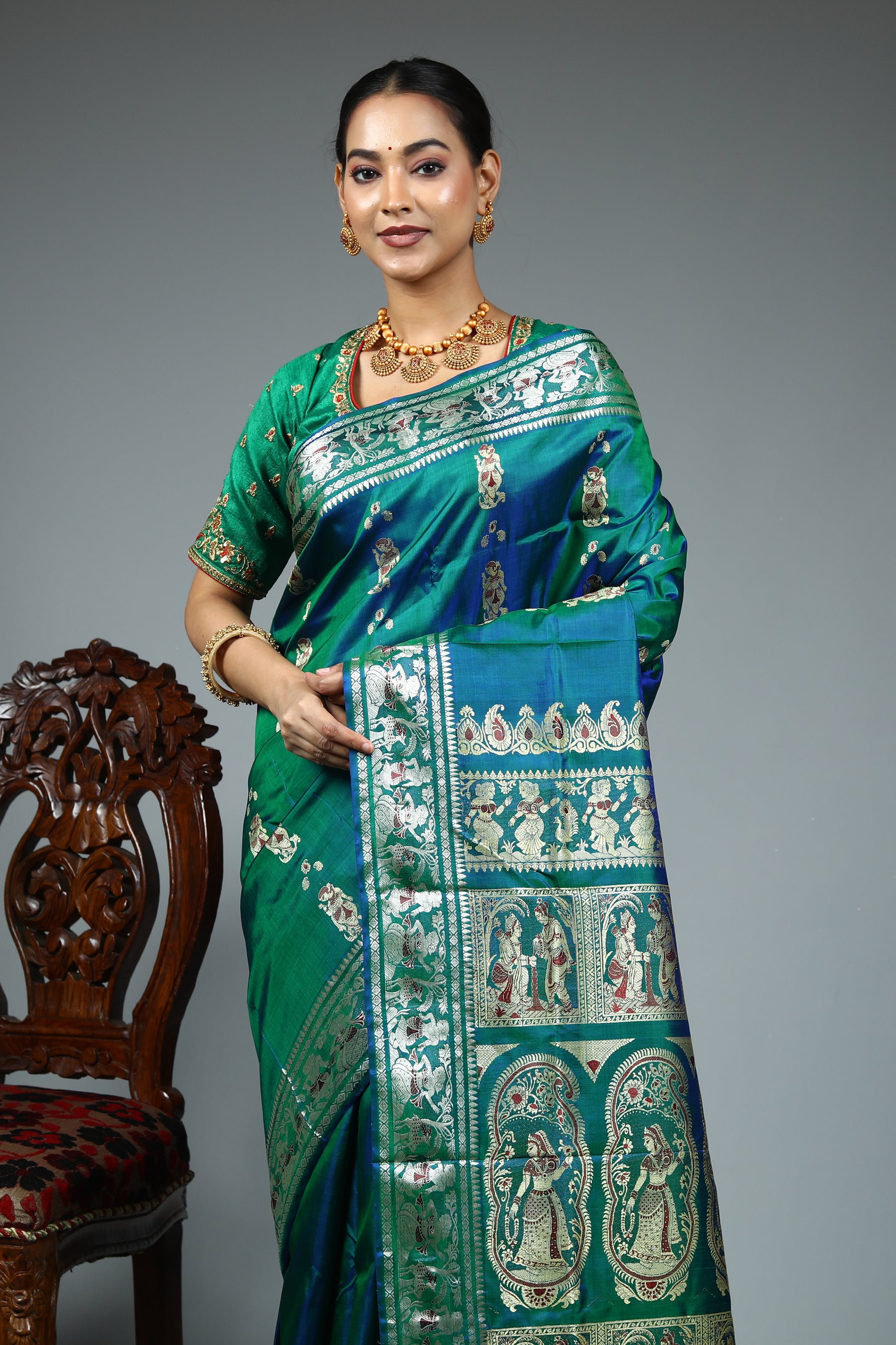 Green Dual Tone Pure Baluchari Saree