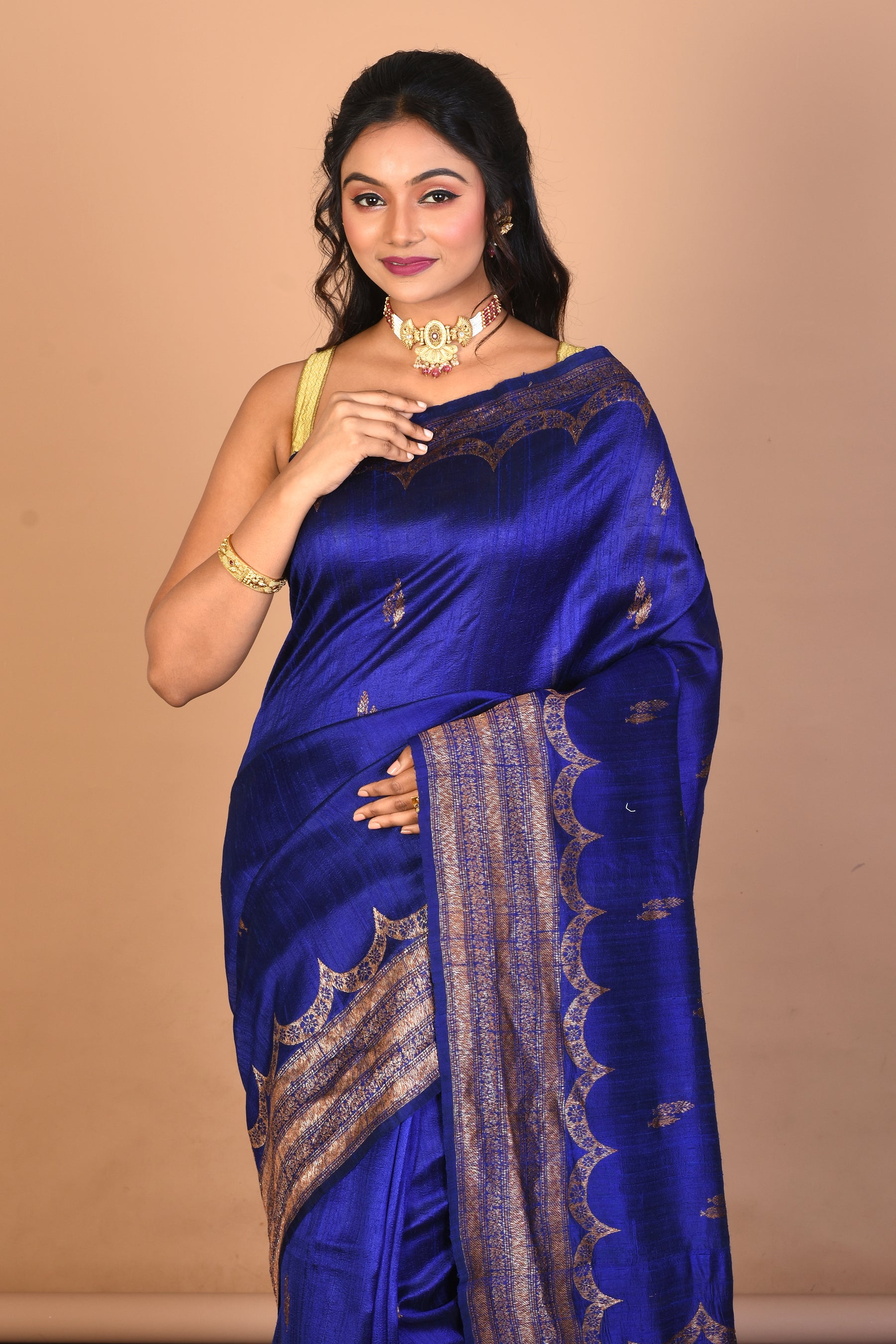 Deep Blue Pure Raw Silk Saree with Blouse Piece - Keya Seth Exclusive