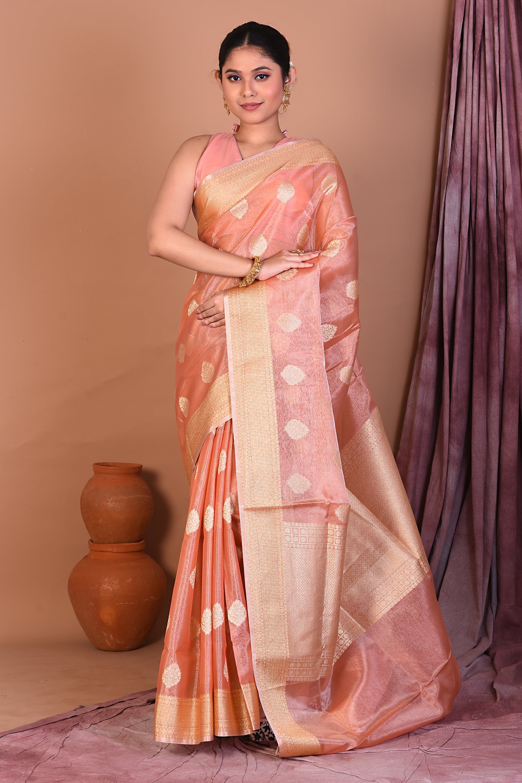 Rust Blended Tissue Saree with Golden Zari - Keya Seth Exclusive