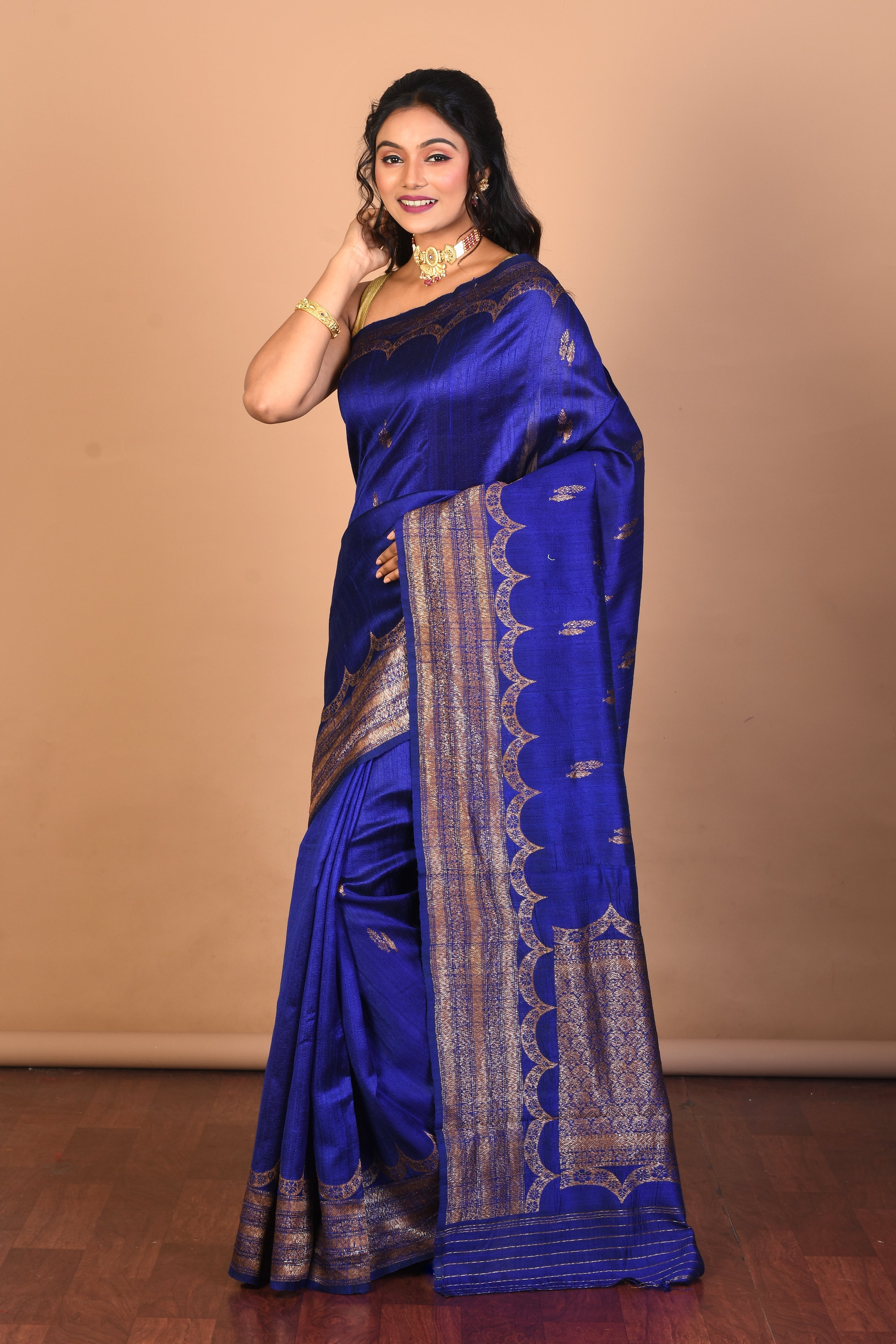 Deep Blue Pure Raw Silk Saree with Blouse Piece - Keya Seth Exclusive