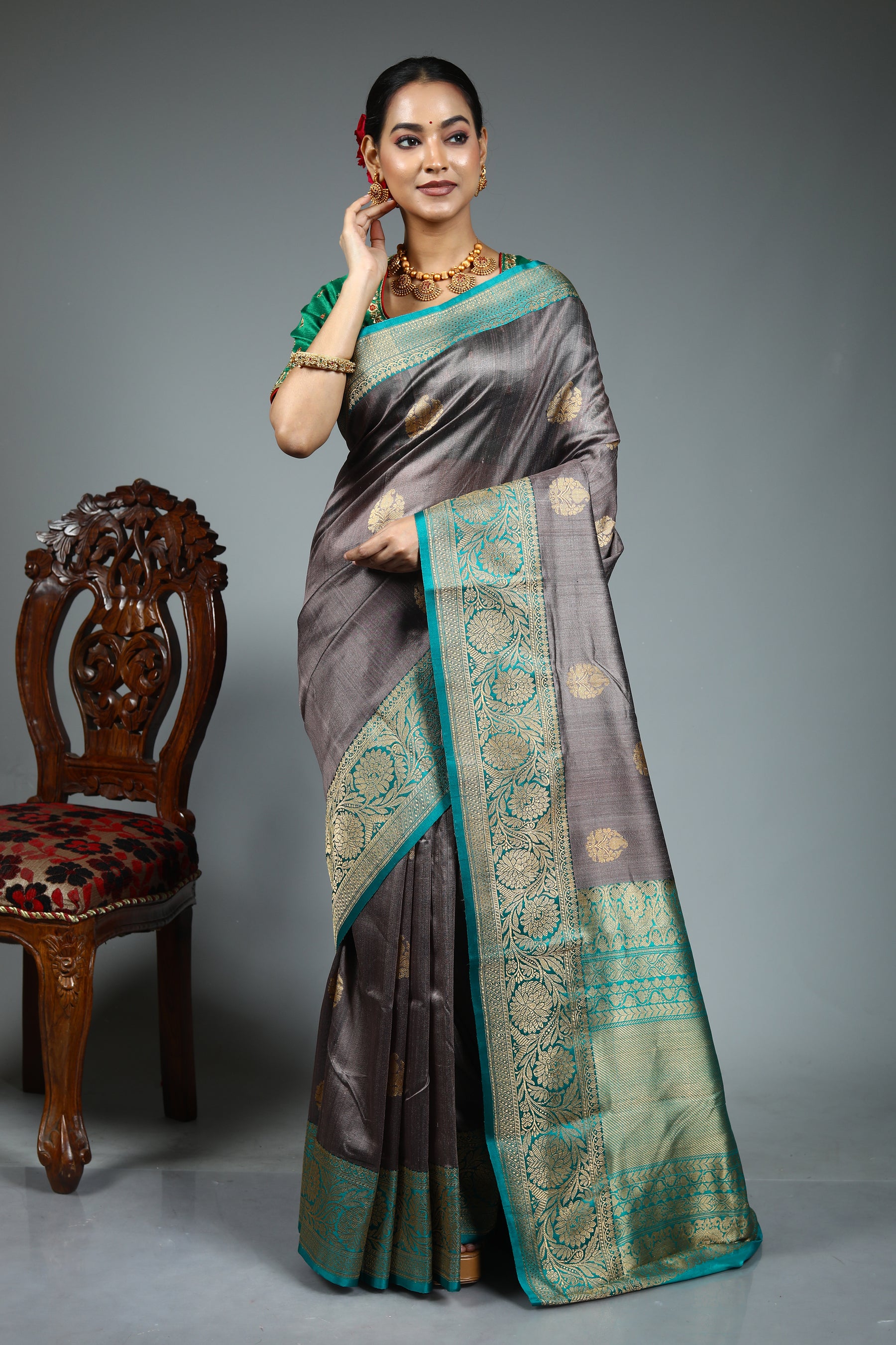 Grey Pure Tussar Banarasi Saree