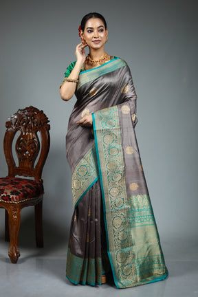 Grey Pure Tussar Banarasi Saree