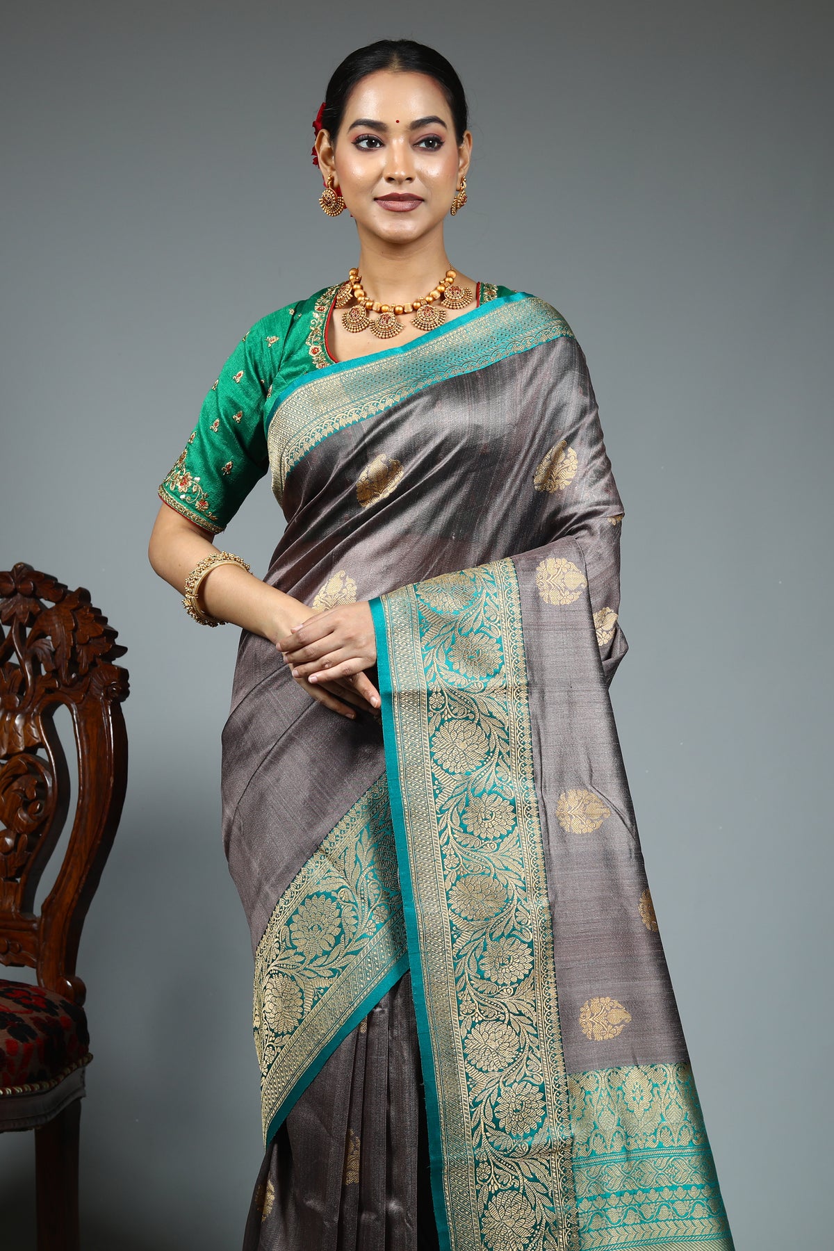 Grey Pure Tussar Banarasi Saree