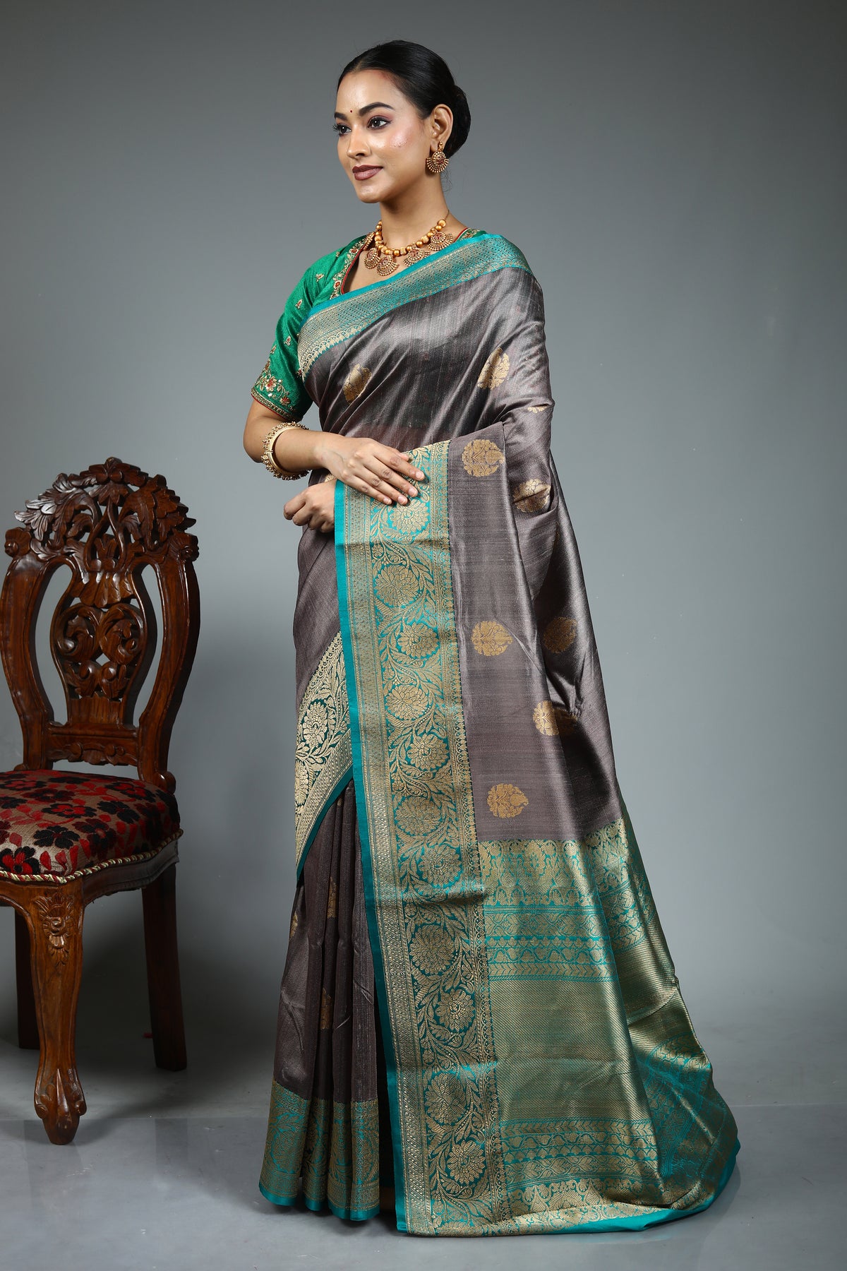Grey Pure Tussar Banarasi Saree