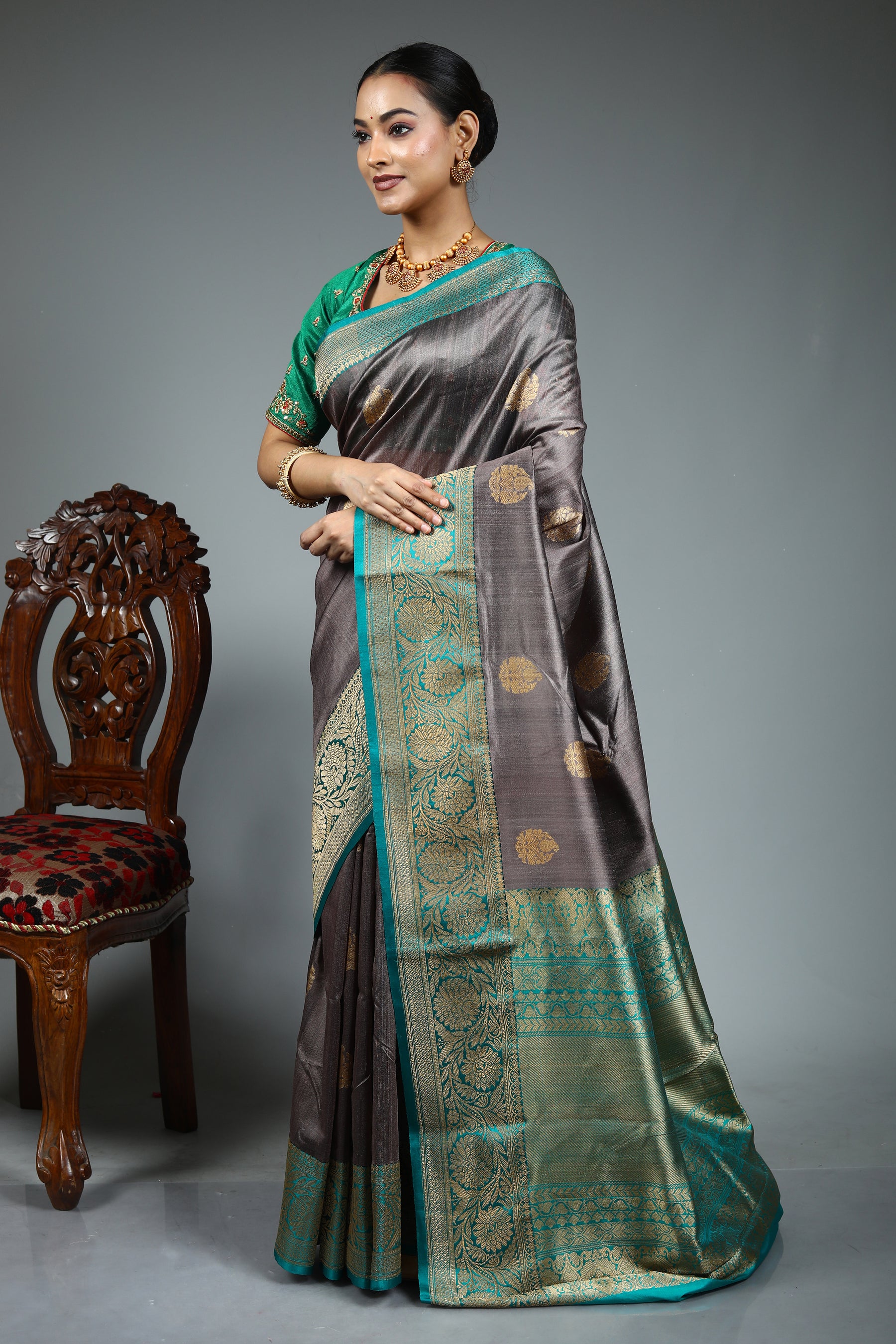 Grey Pure Tussar Banarasi Saree