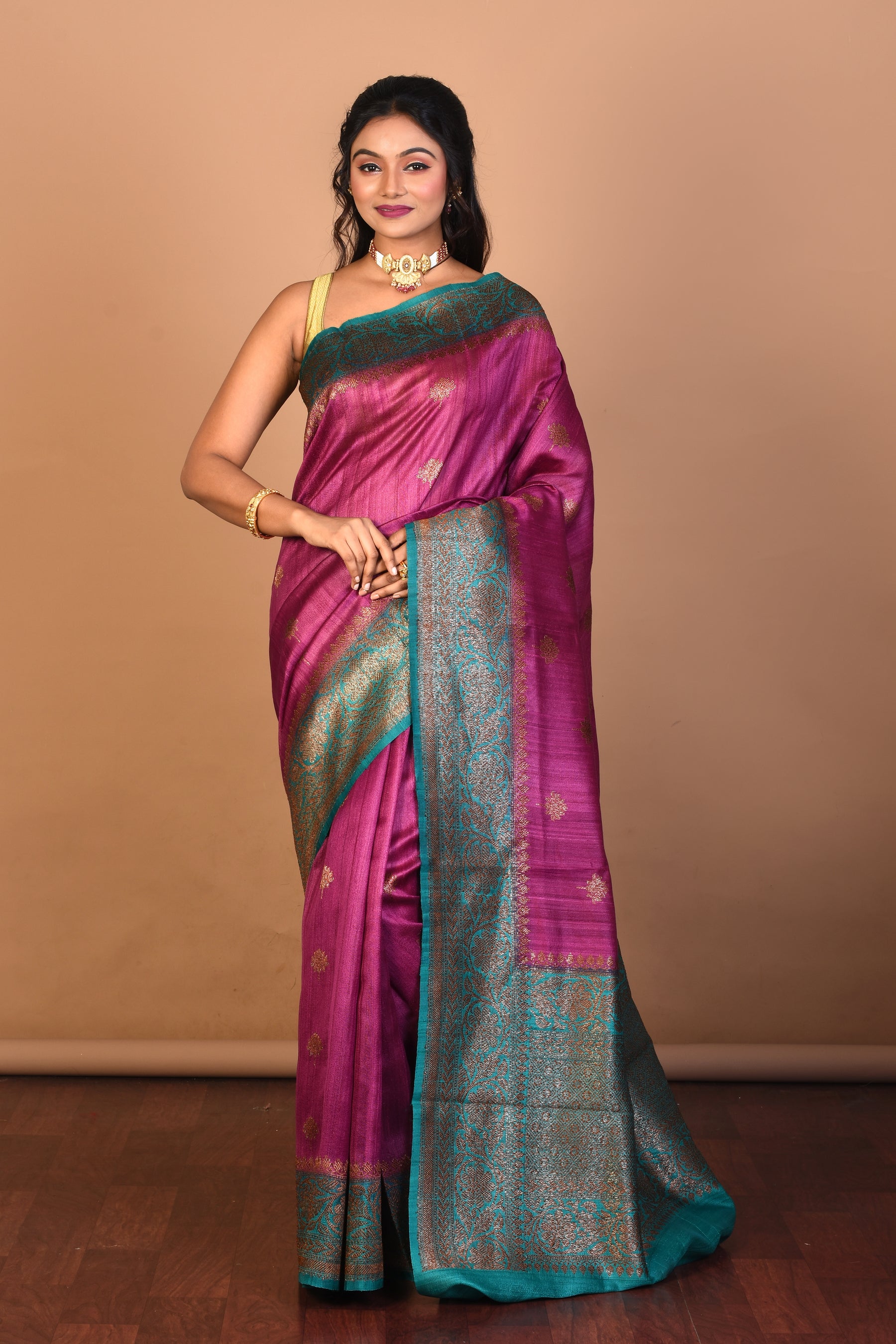 Magenta Pure Tussar Saree with Blouse Piece - Keya Seth Exclusive