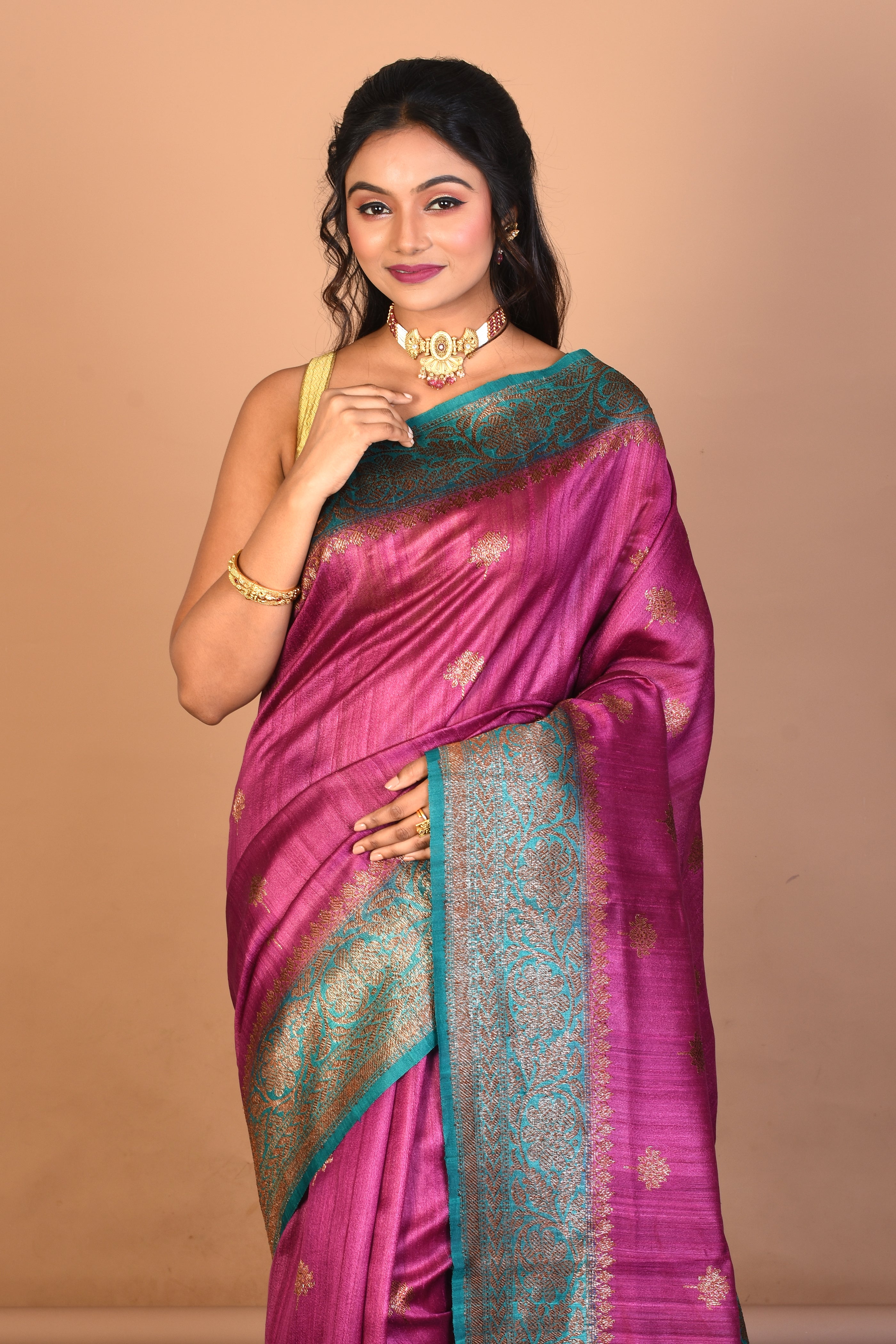 Magenta Pure Tussar Saree with Blouse Piece - Keya Seth Exclusive