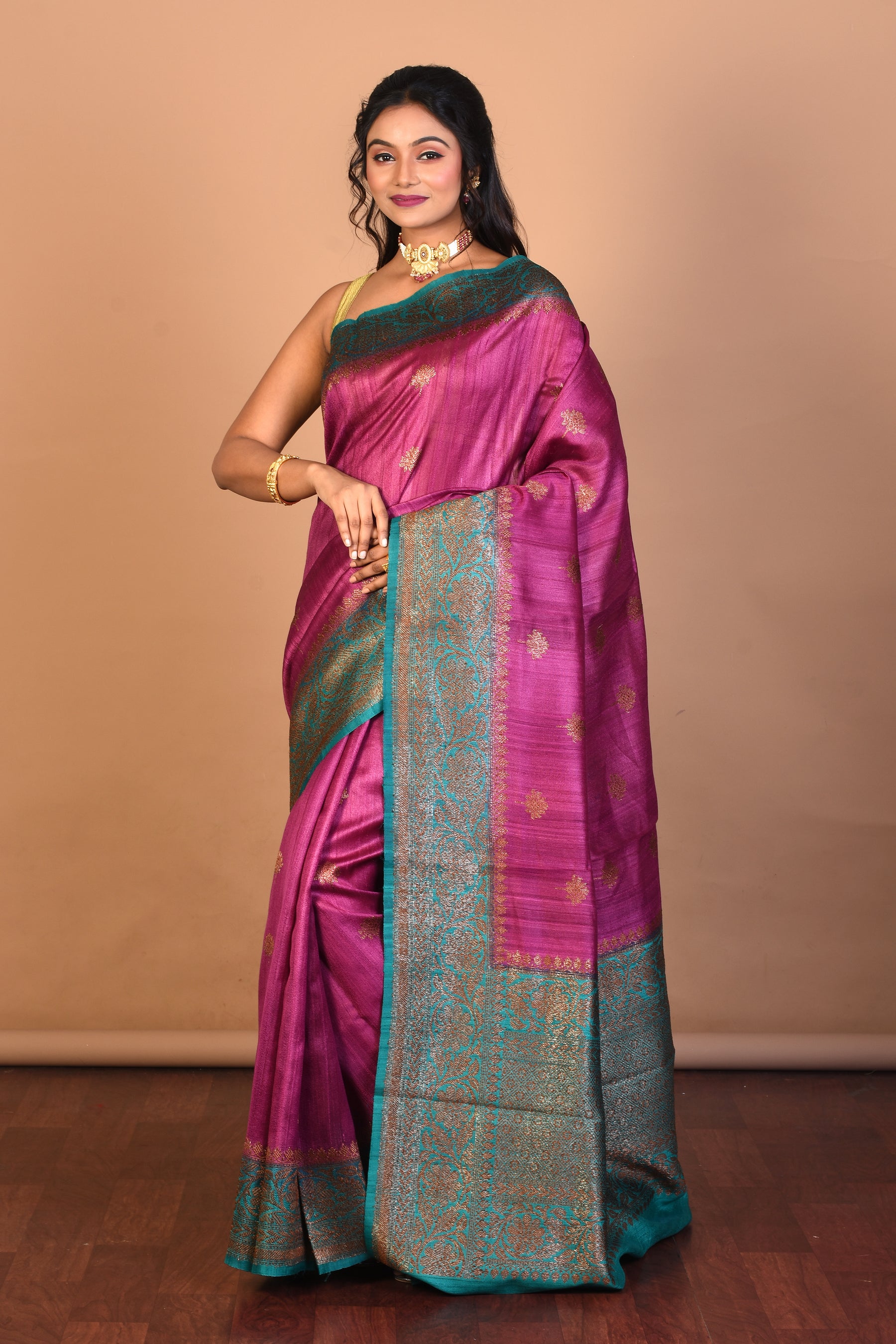 Magenta Pure Tussar Saree with Blouse Piece - Keya Seth Exclusive