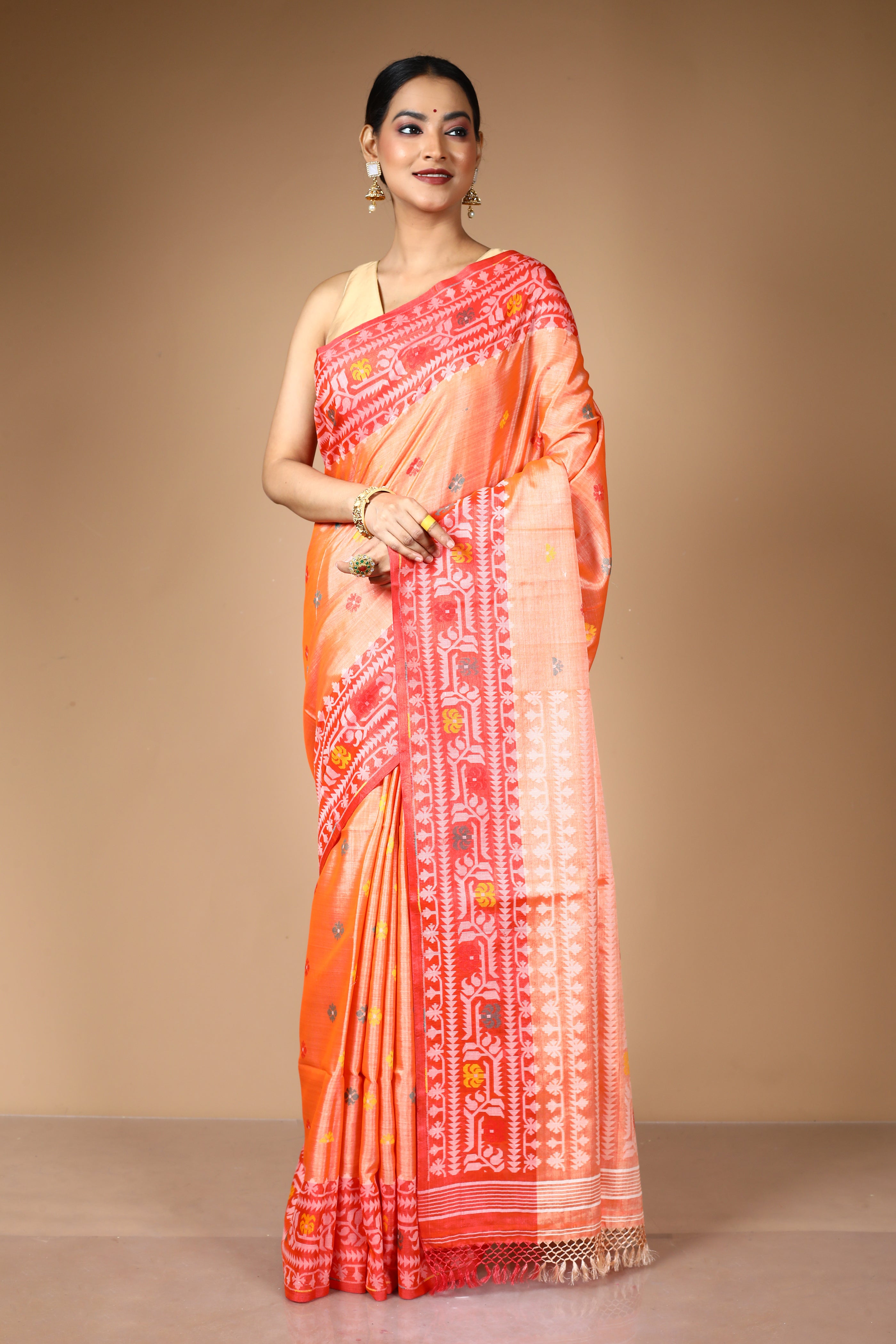 Peach Pure Tussar Silk Saree with Threadwork