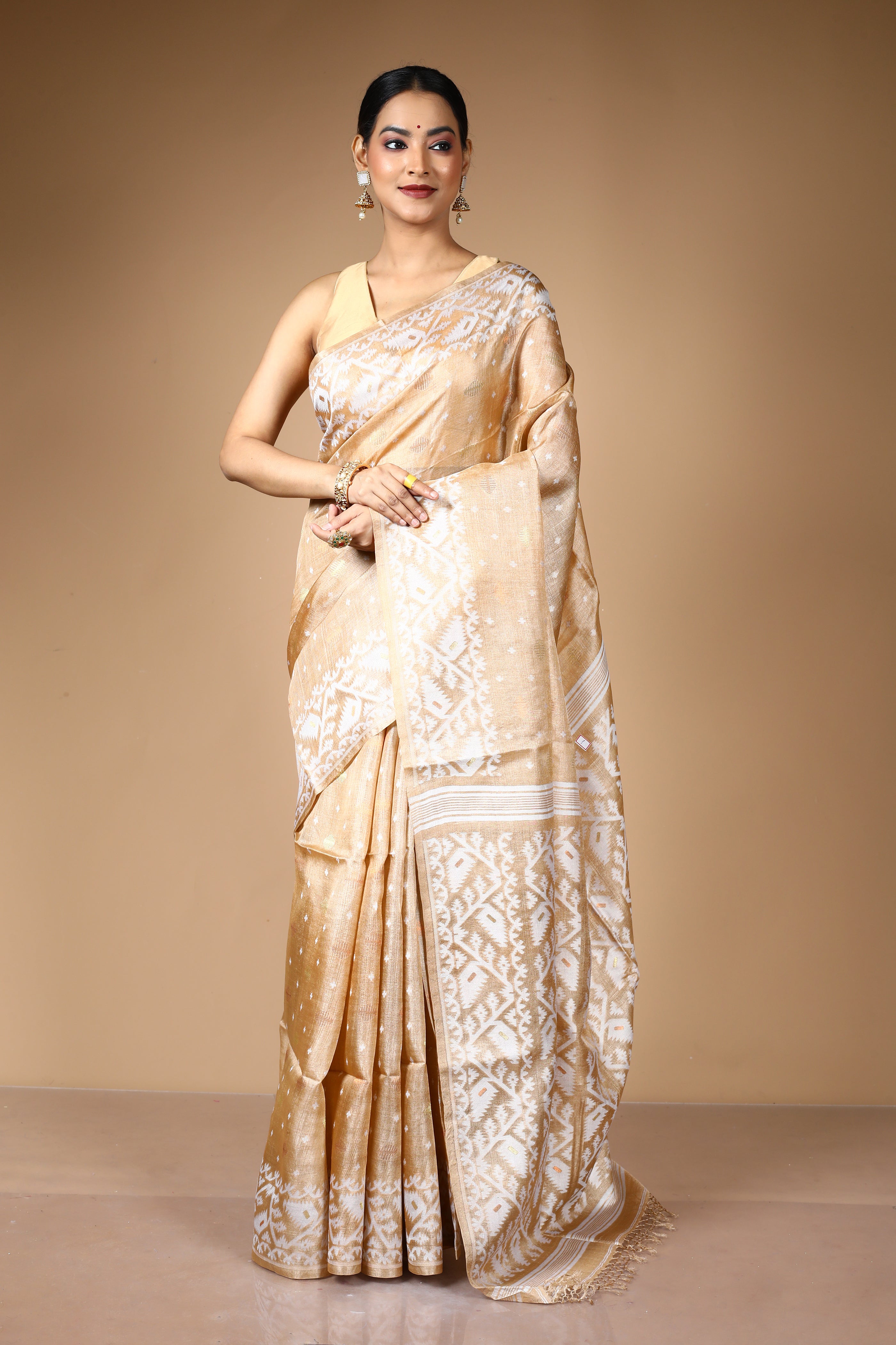 Beige Pure Kora Silk Saree