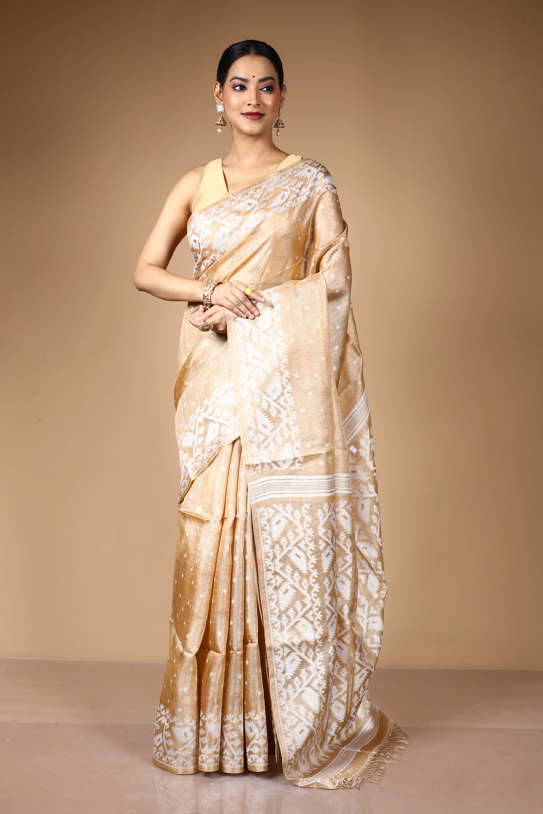 Beige Pure Kora Silk Saree