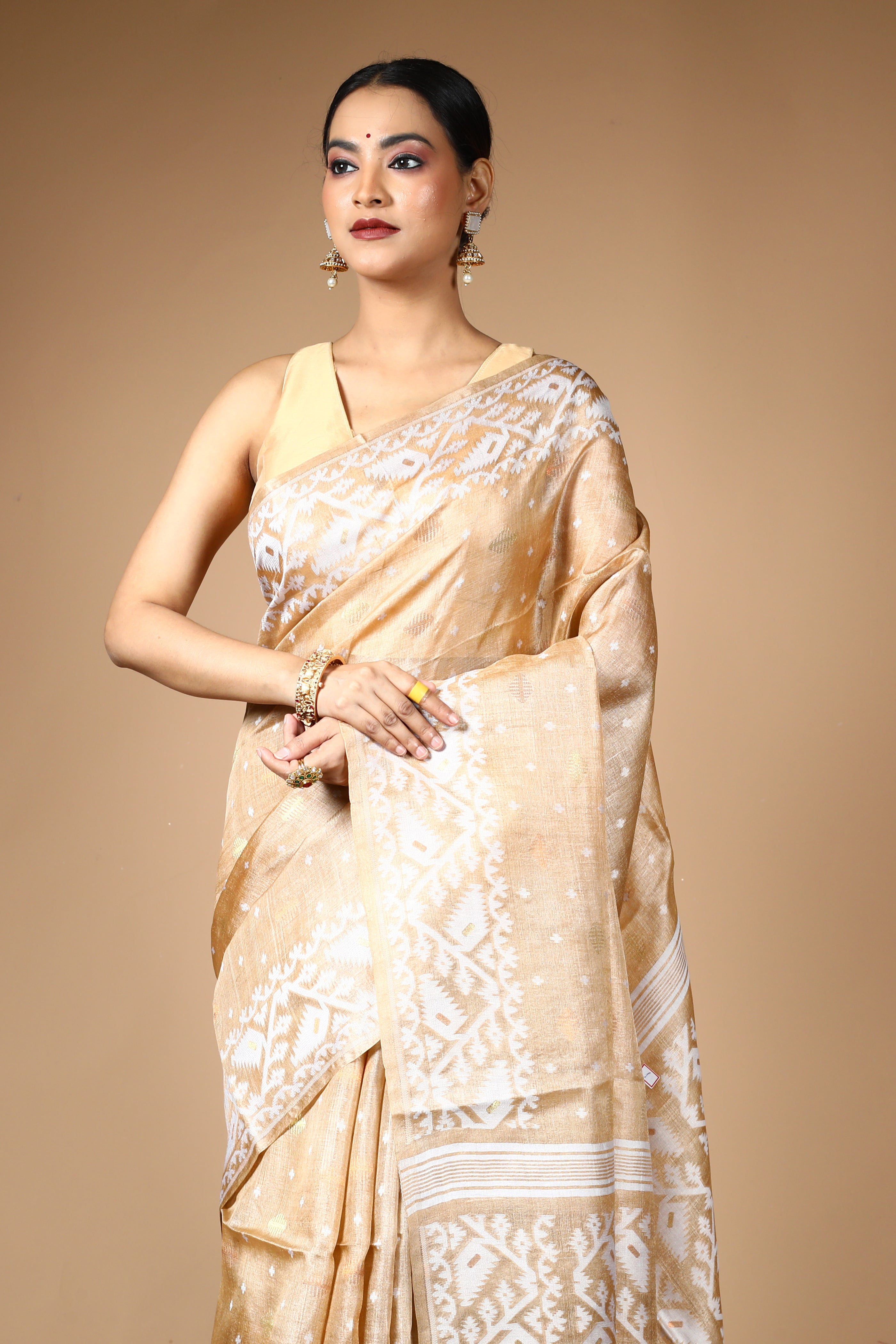 Beige Pure Kora Silk Saree