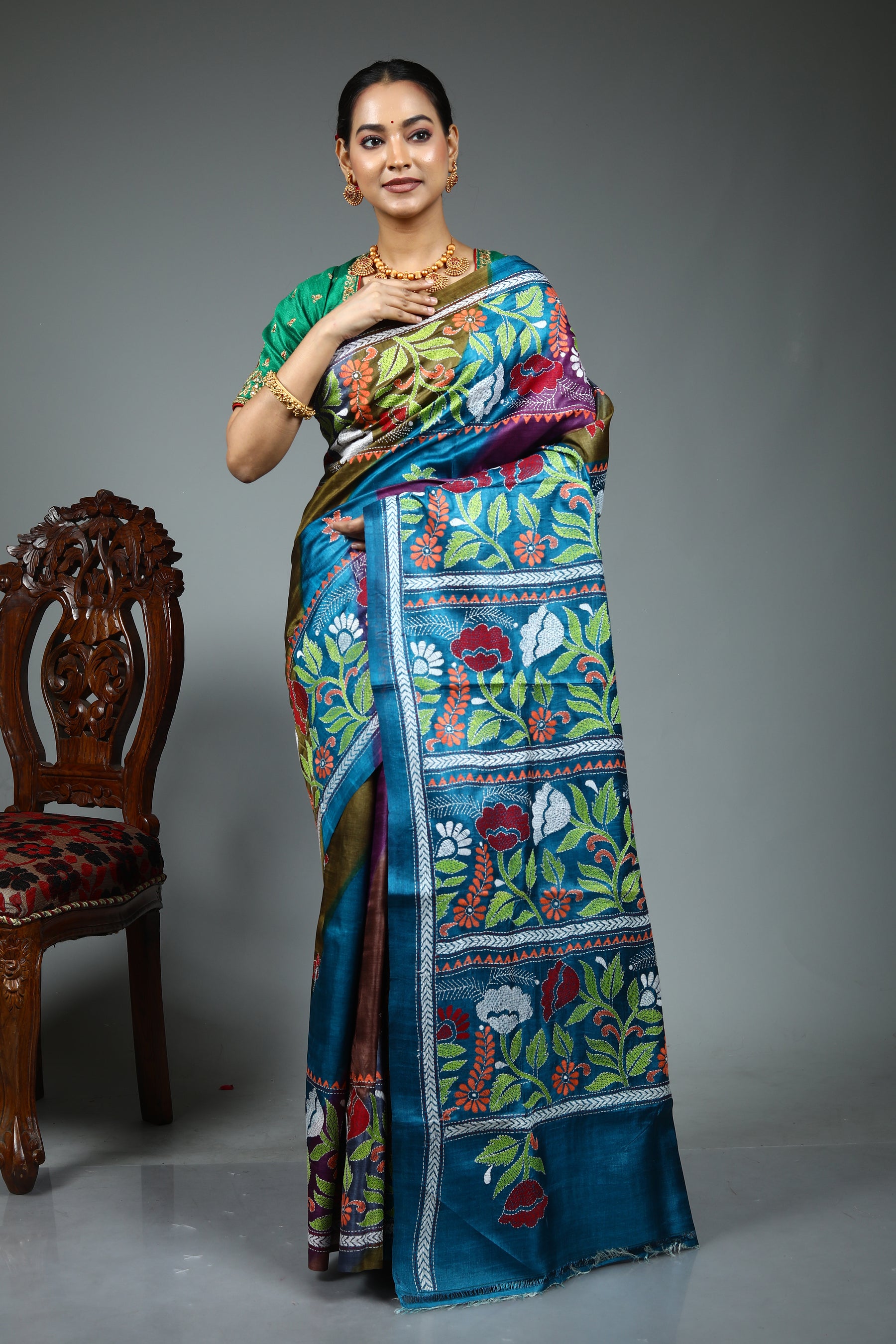 Blue Pure Kantha Stitch Saree