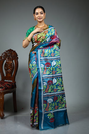 Blue Pure Kantha Stitch Saree