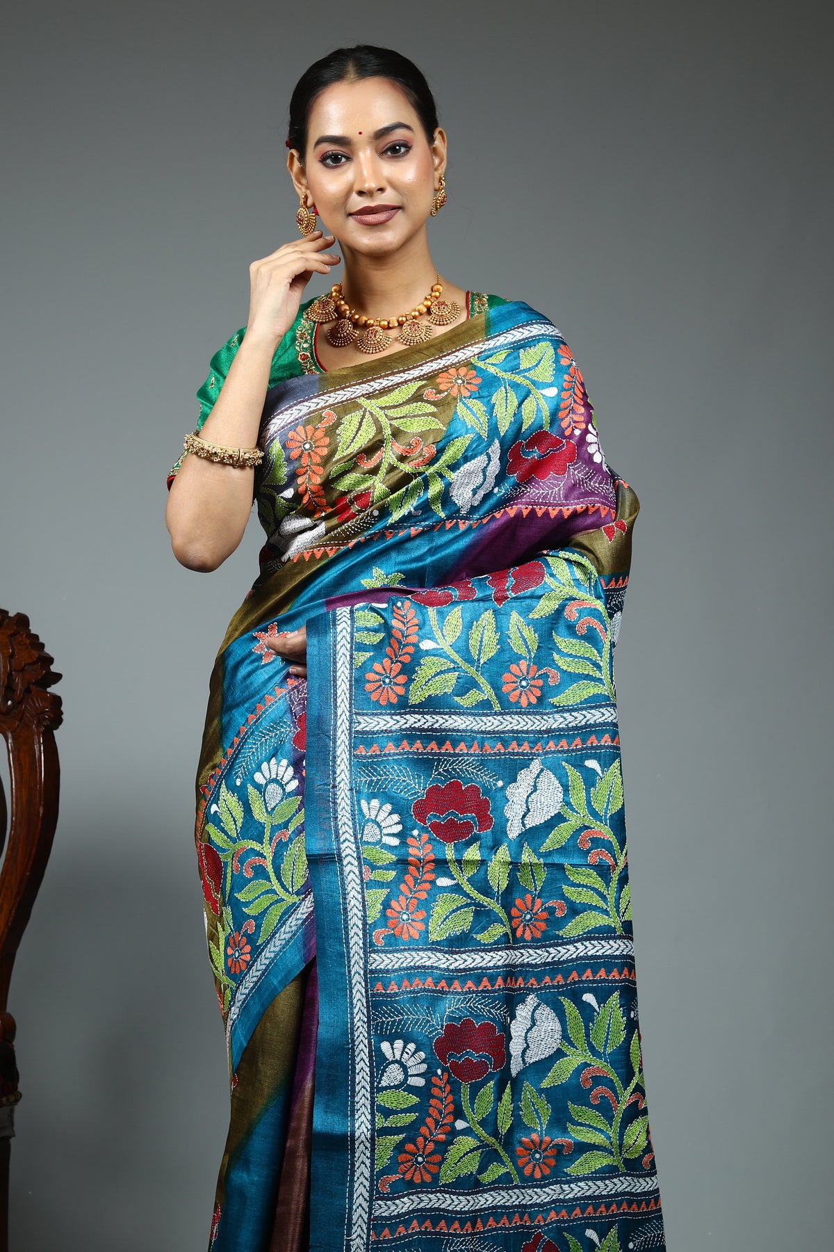Blue Pure Kantha Stitch Saree
