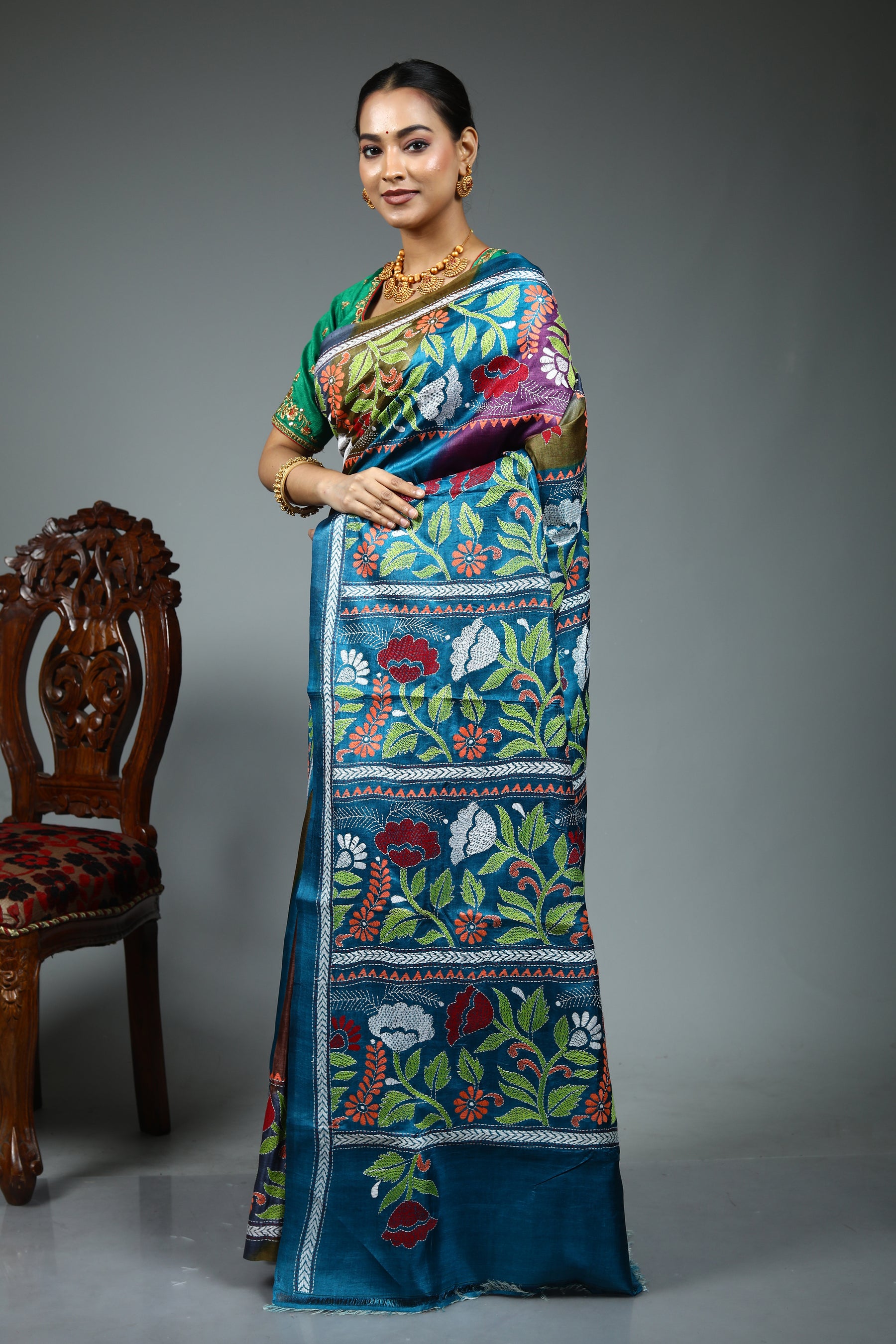 Blue Pure Kantha Stitch Saree