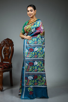 Blue Pure Kantha Stitch Saree