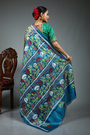 Blue Pure Kantha Stitch Saree