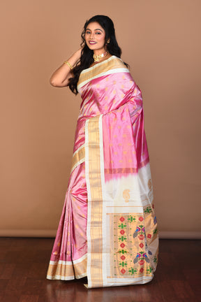 Light Pink Pure Paithani Silk Saree with Blouse Piece - Keya Seth Exclusive