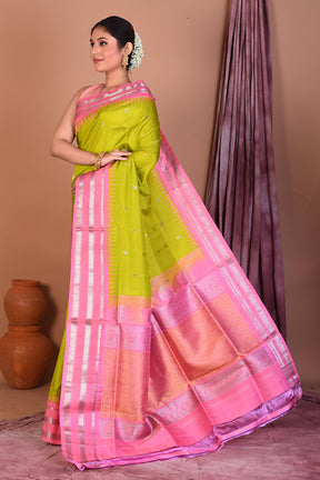 Vibrant Green Pure Gadwal Saree with Light Pink Borders - Keya Seth Exclusive