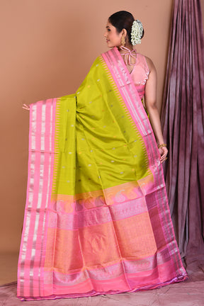 Vibrant Green Pure Gadwal Saree with Light Pink Borders - Keya Seth Exclusive