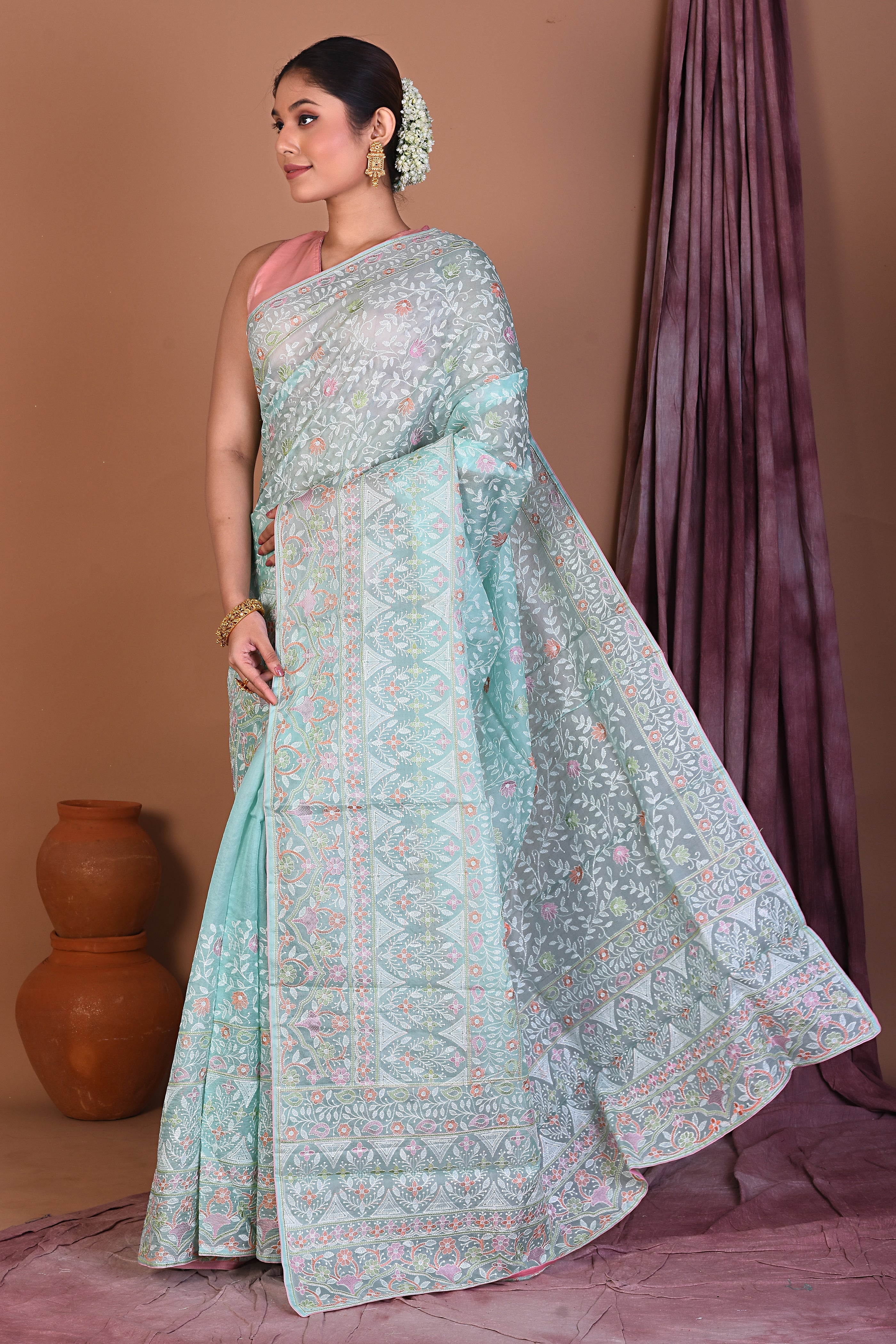 Sky Blue Pure Silk Saree with Threadwork - Keya Seth Exclusive