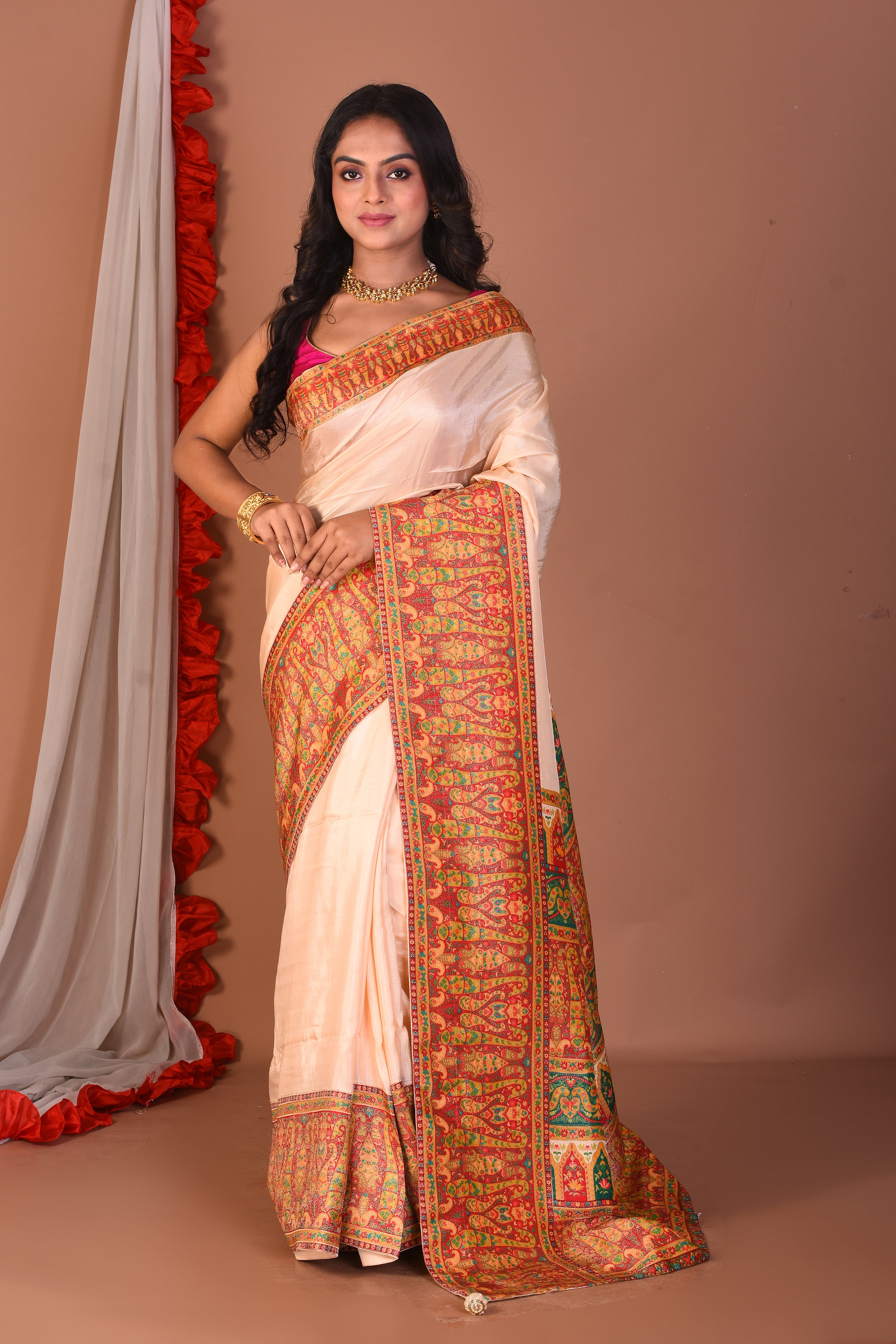 White Blended Printed Silk Saree