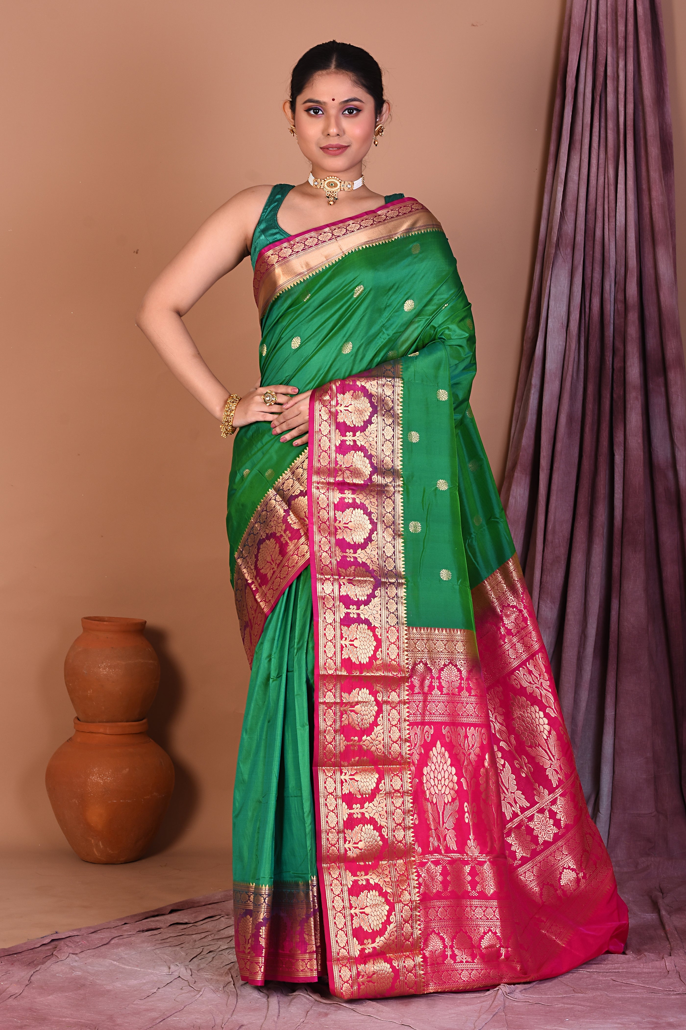 Green Pure Kanjivaram Saree with Magenta Borders - Keya Seth Exclusive