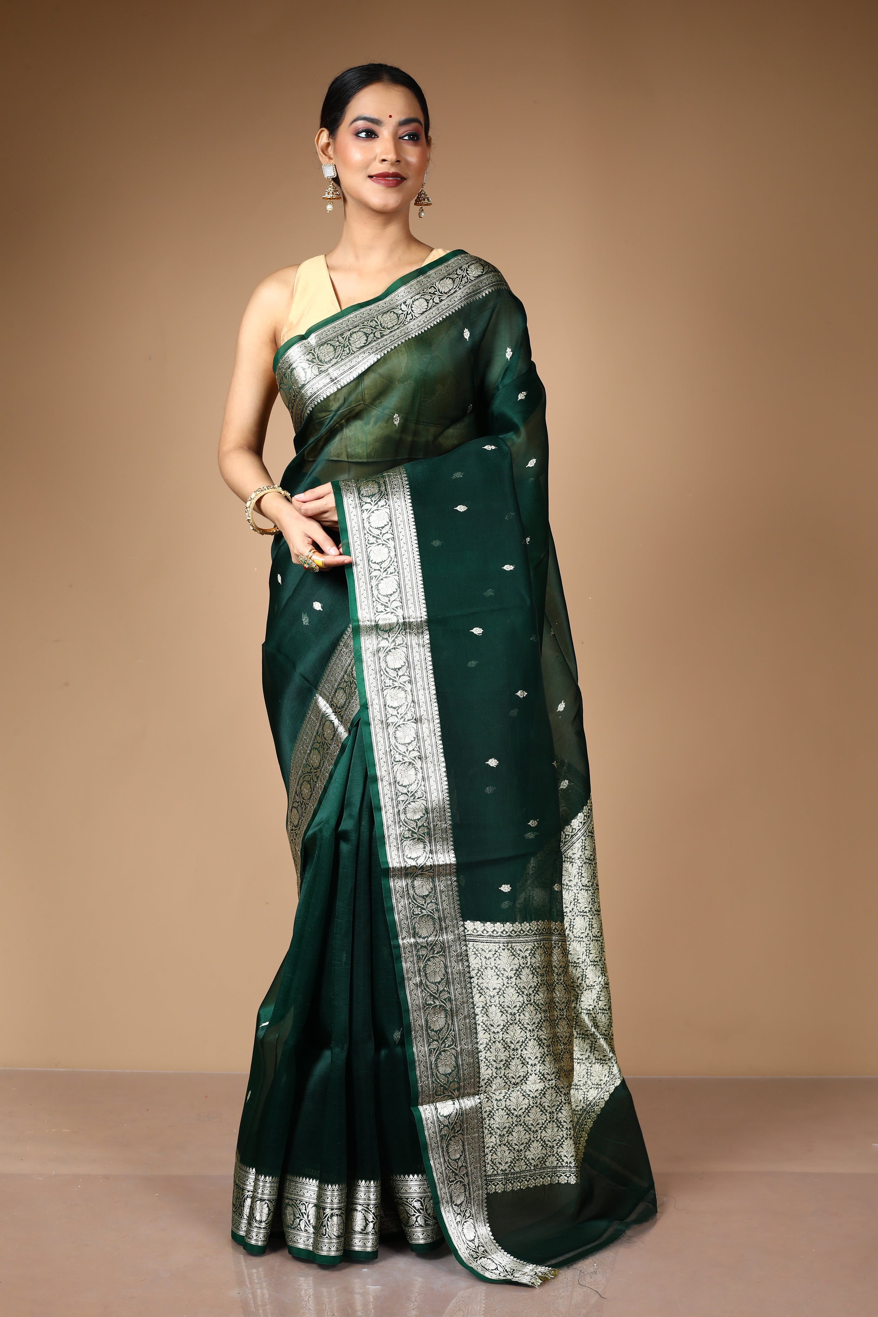 Dark Green Pure Kora Silk Saree