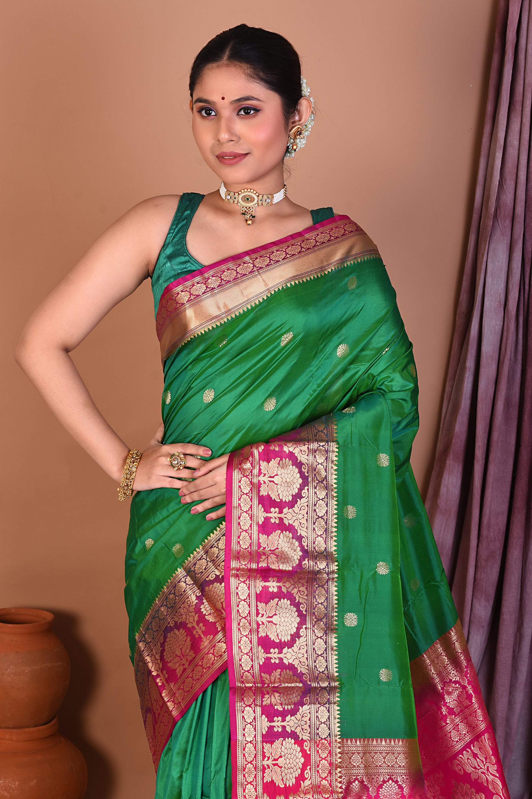 Green Pure Kanjivaram Saree with Magenta Borders - Keya Seth Exclusive