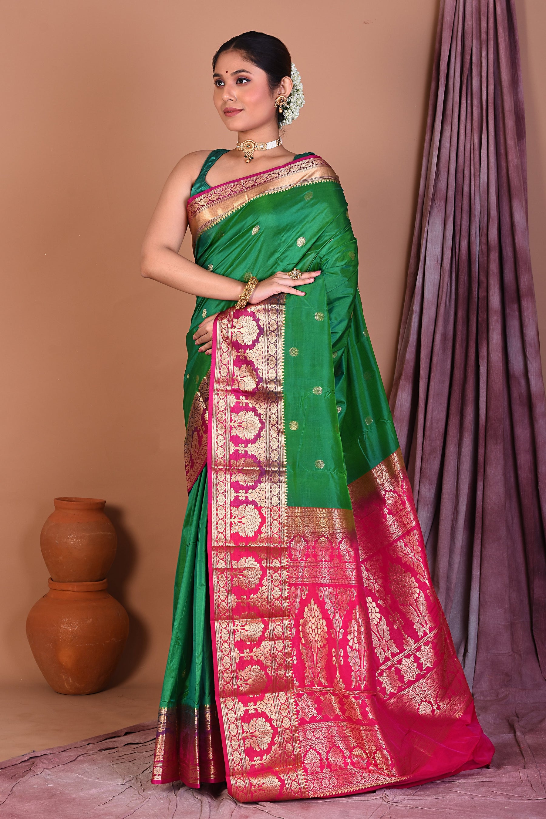 Green Pure Kanjivaram Saree with Magenta Borders - Keya Seth Exclusive