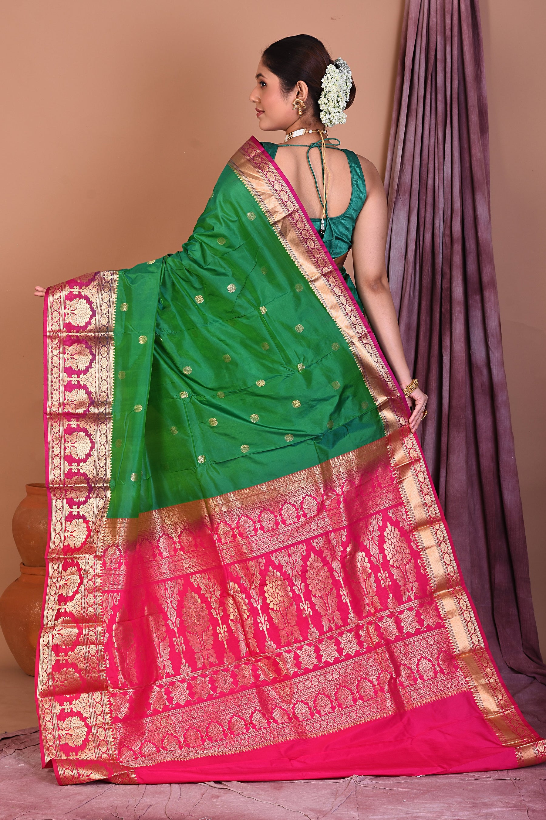 Green Pure Kanjivaram Saree with Magenta Borders - Keya Seth Exclusive