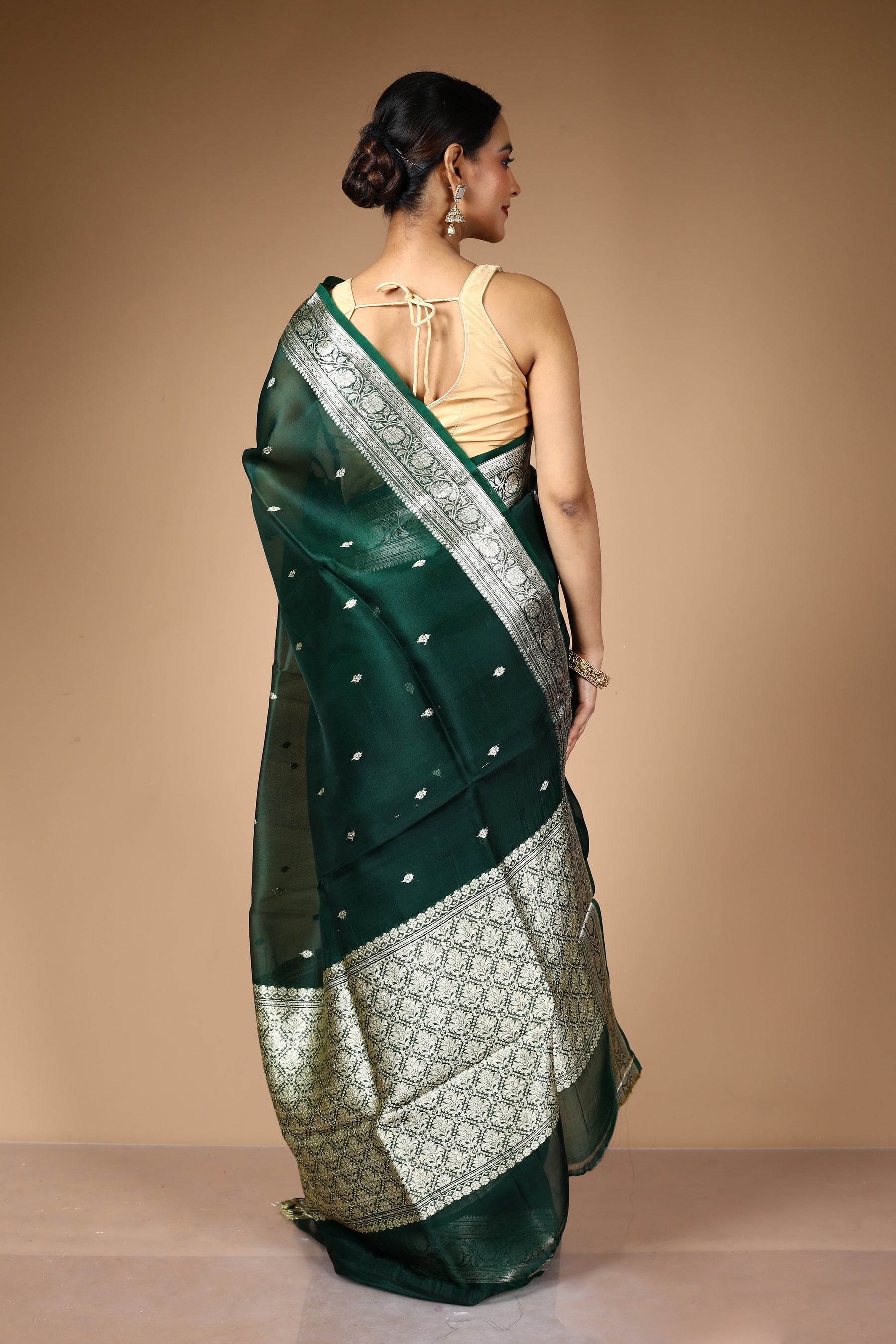 Dark Green Pure Kora Silk Saree