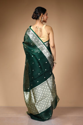 Dark Green Pure Kora Silk Saree