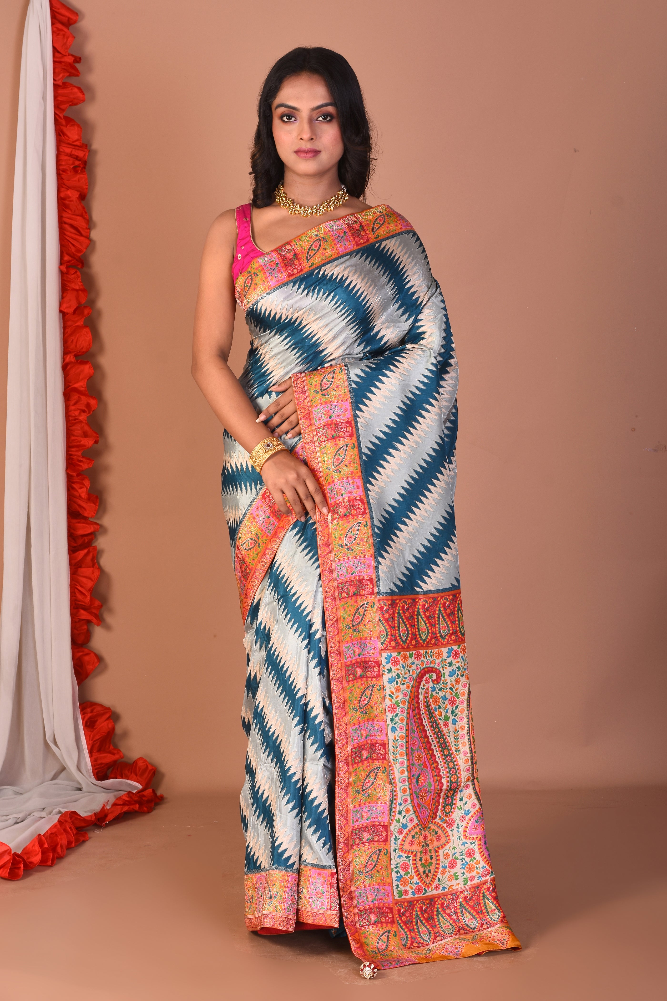 Blue Blended Printed Silk Saree