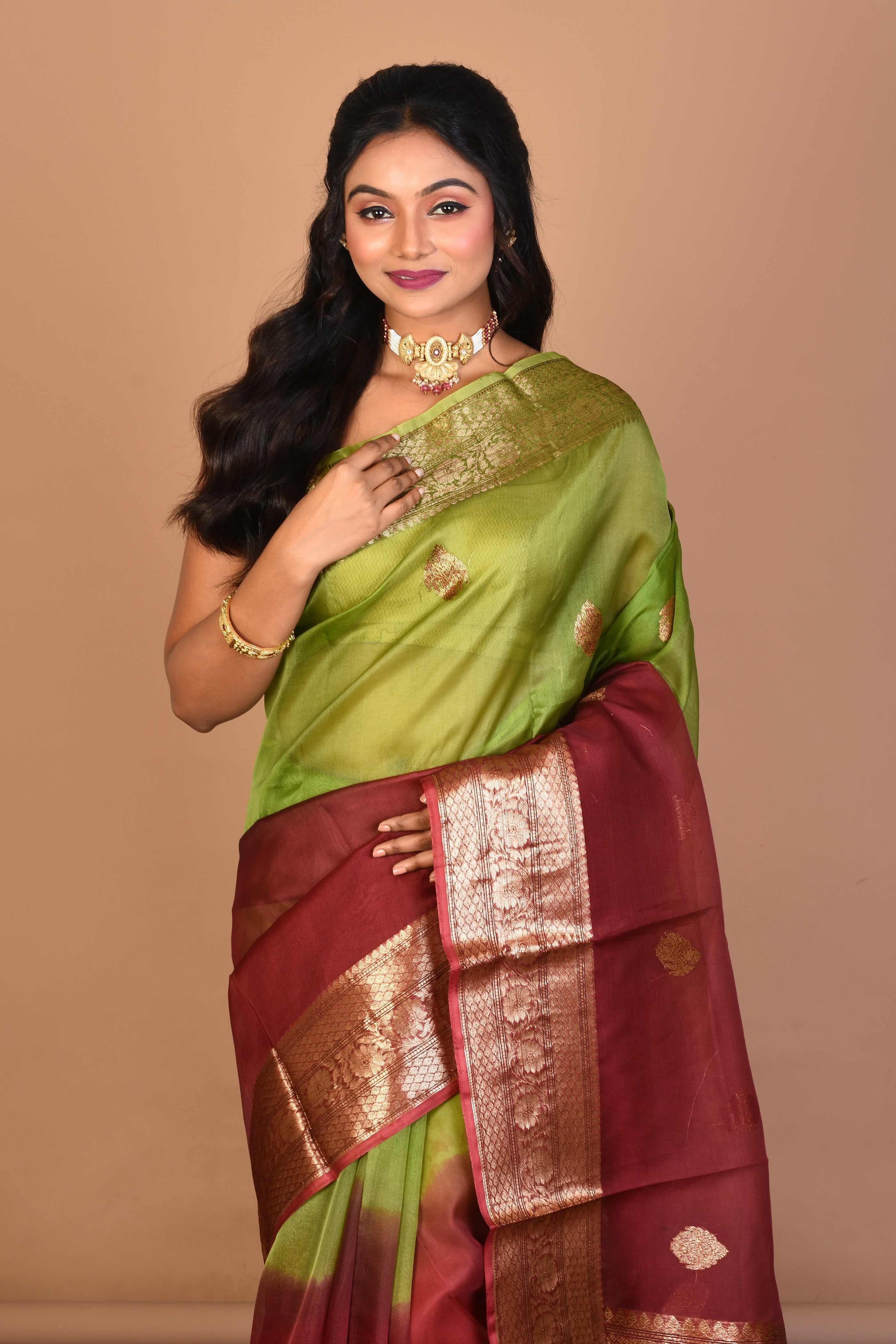 Green Maroon Pure Silk Saree with Blouse Piece - Keya Seth Exclusive