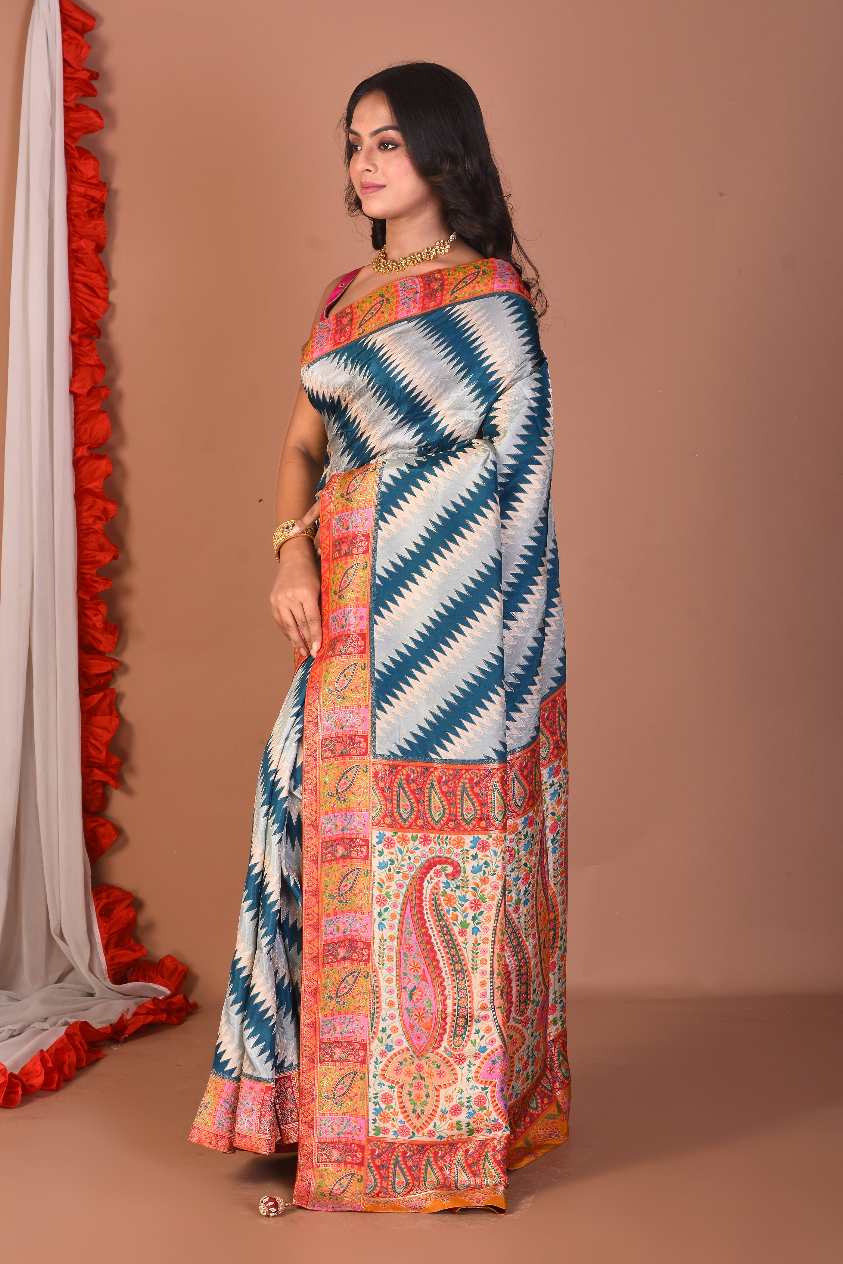 Blue Blended Printed Silk Saree