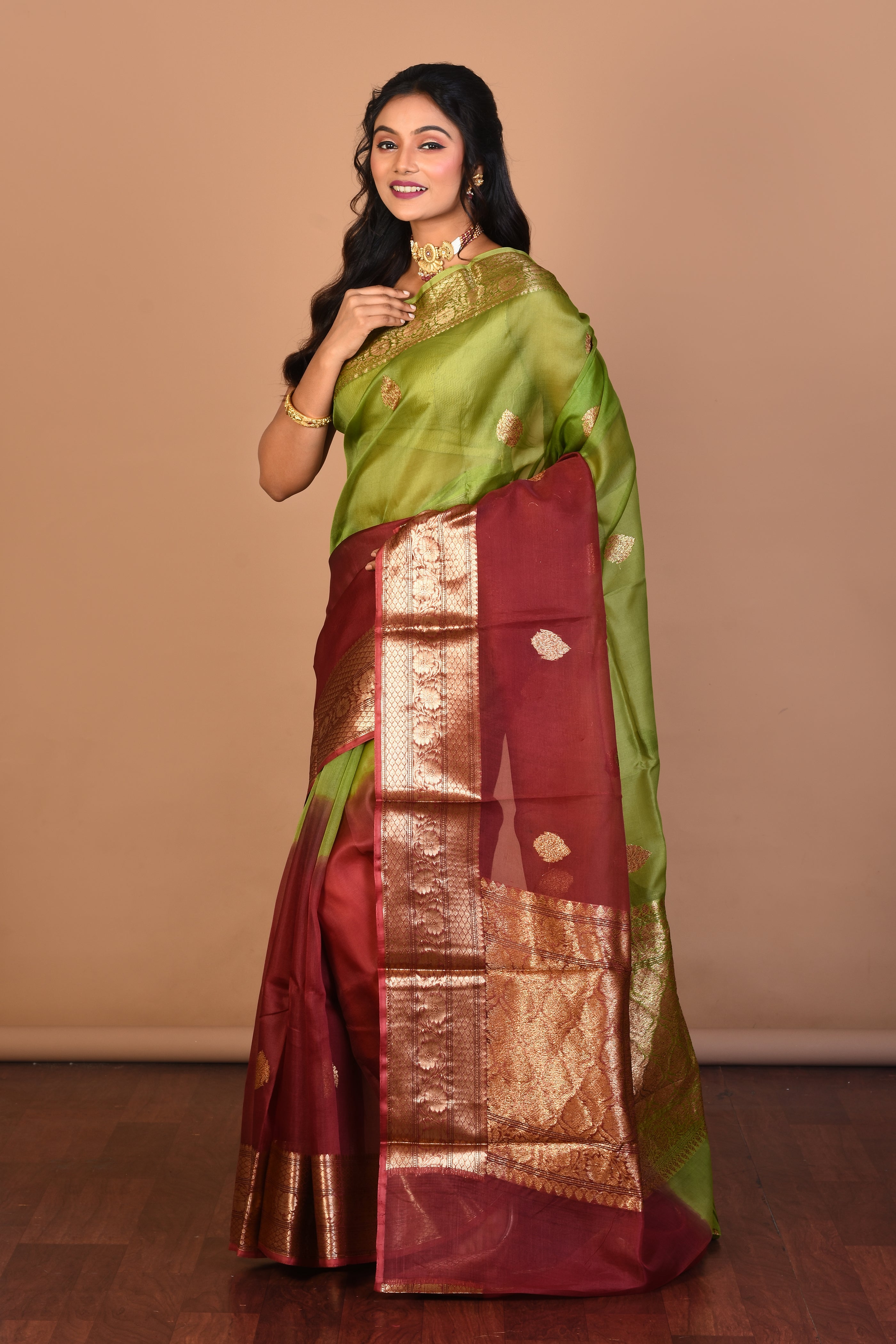 Green Maroon Pure Silk Saree with Blouse Piece - Keya Seth Exclusive