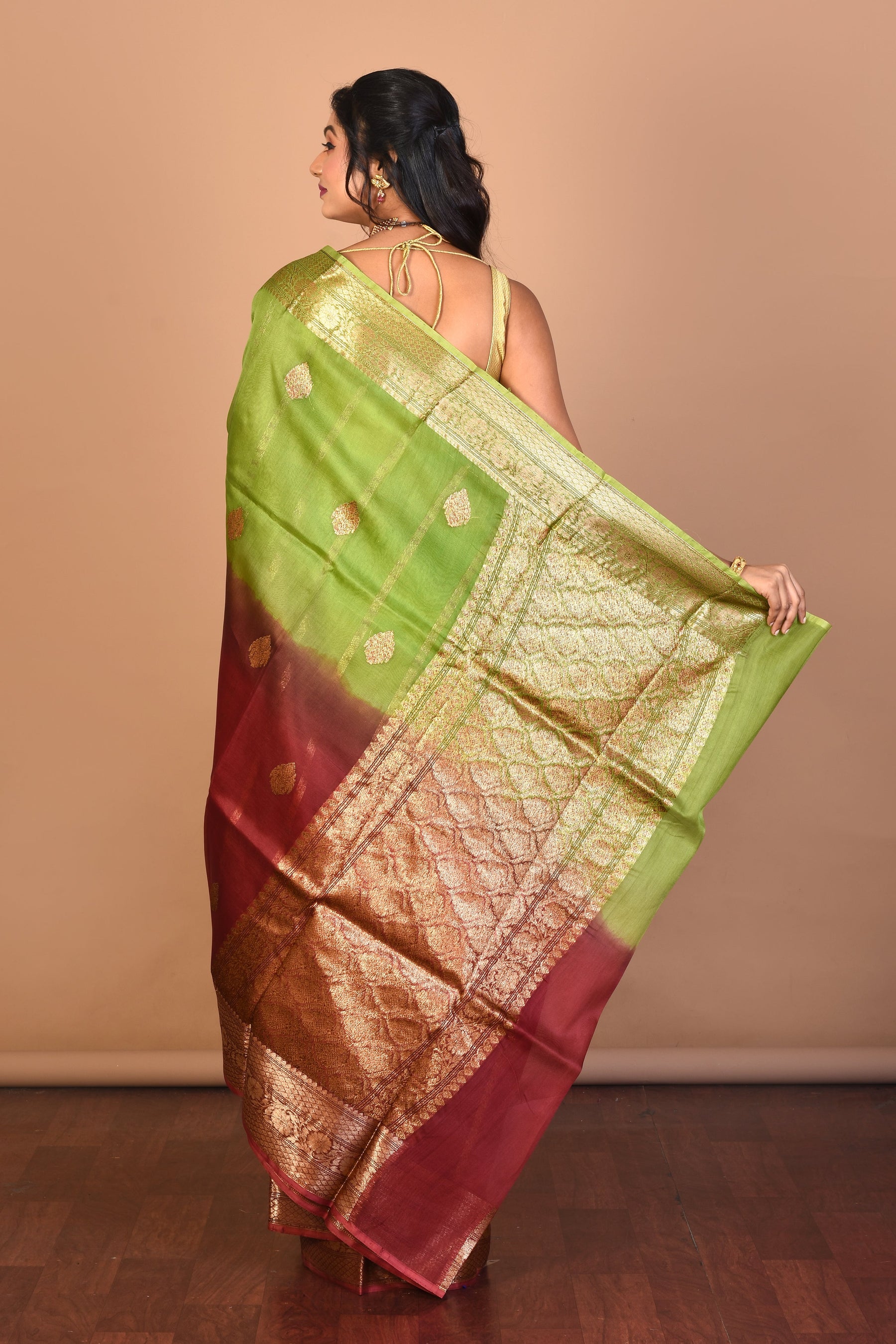 Green Maroon Pure Silk Saree with Blouse Piece - Keya Seth Exclusive