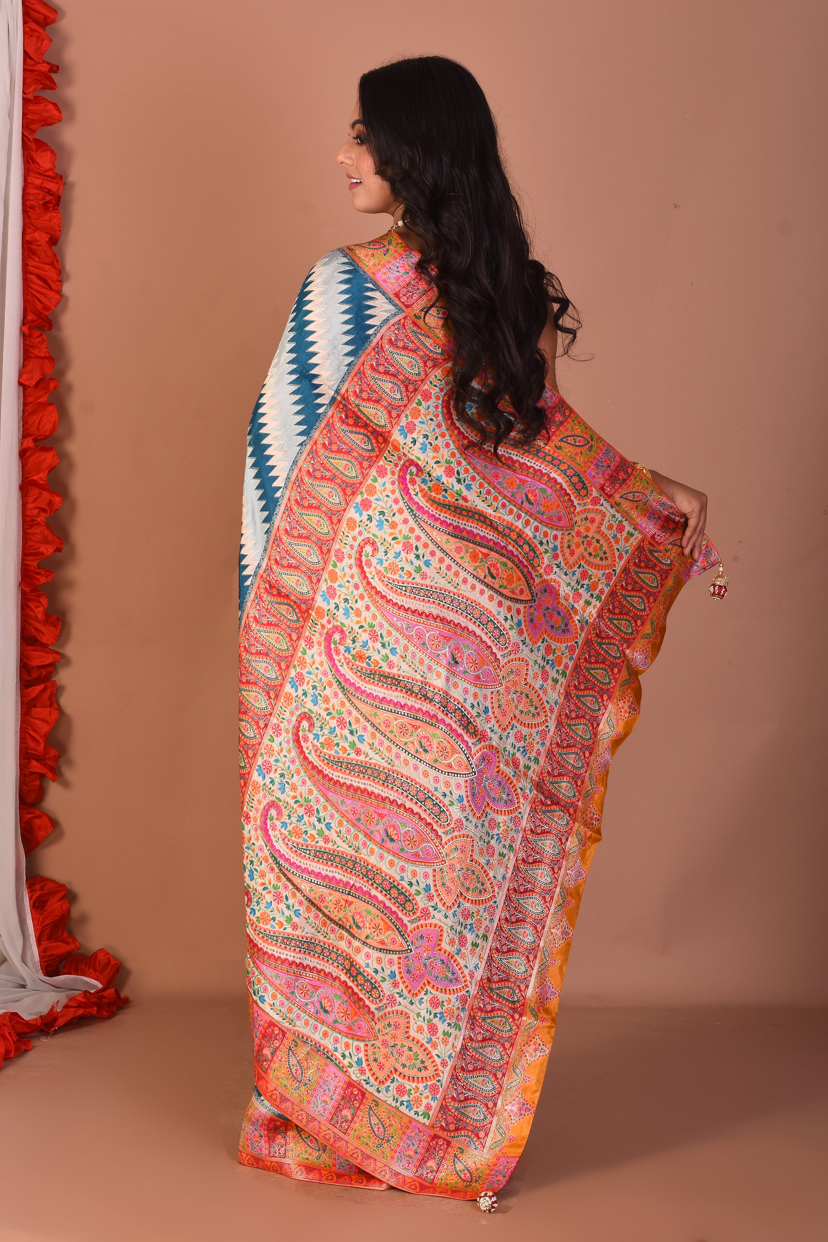 Blue Blended Printed Silk Saree