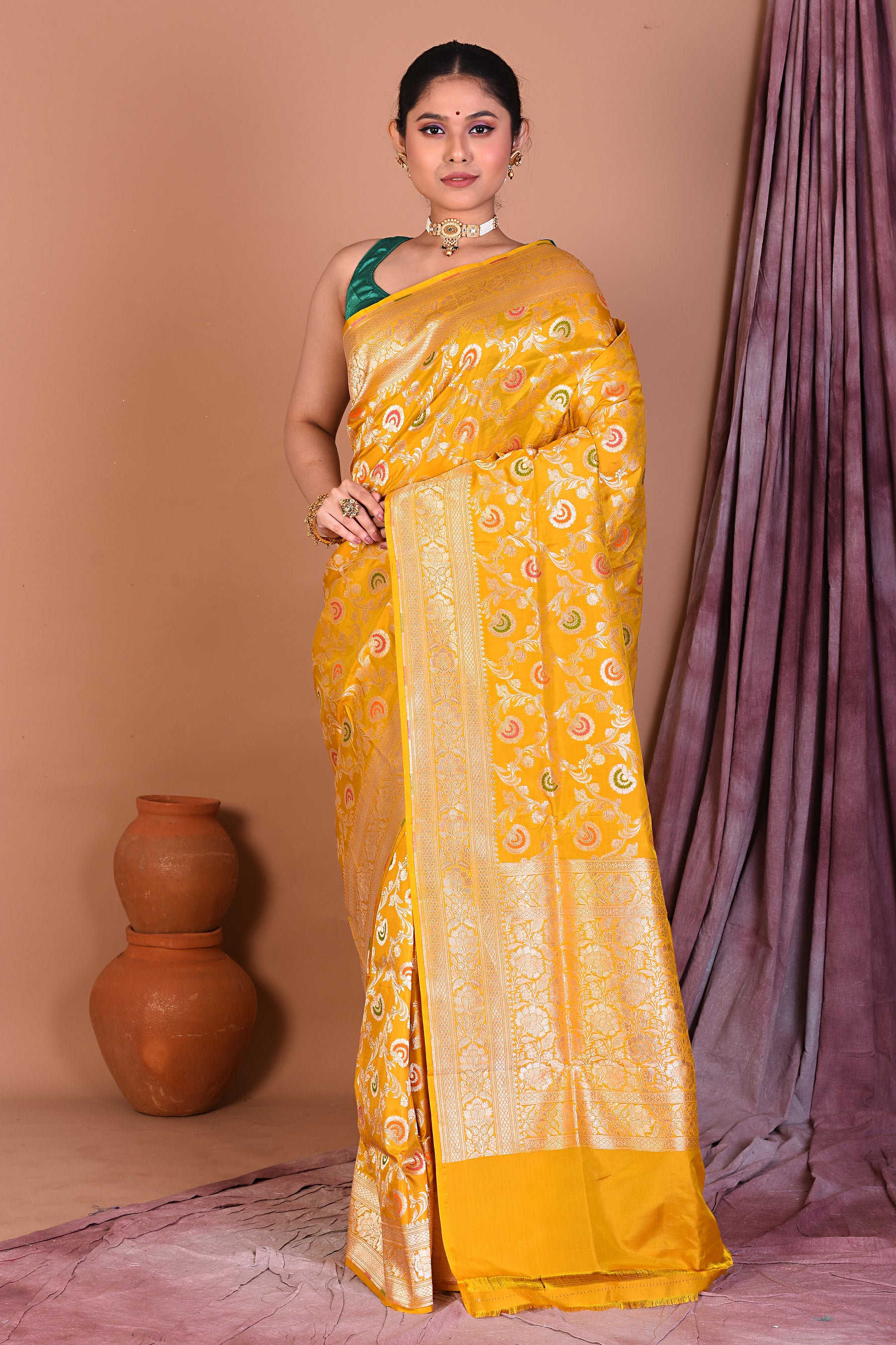 Yellow Pure Katan Saree with Golden Zari - Keya Seth Exclusive