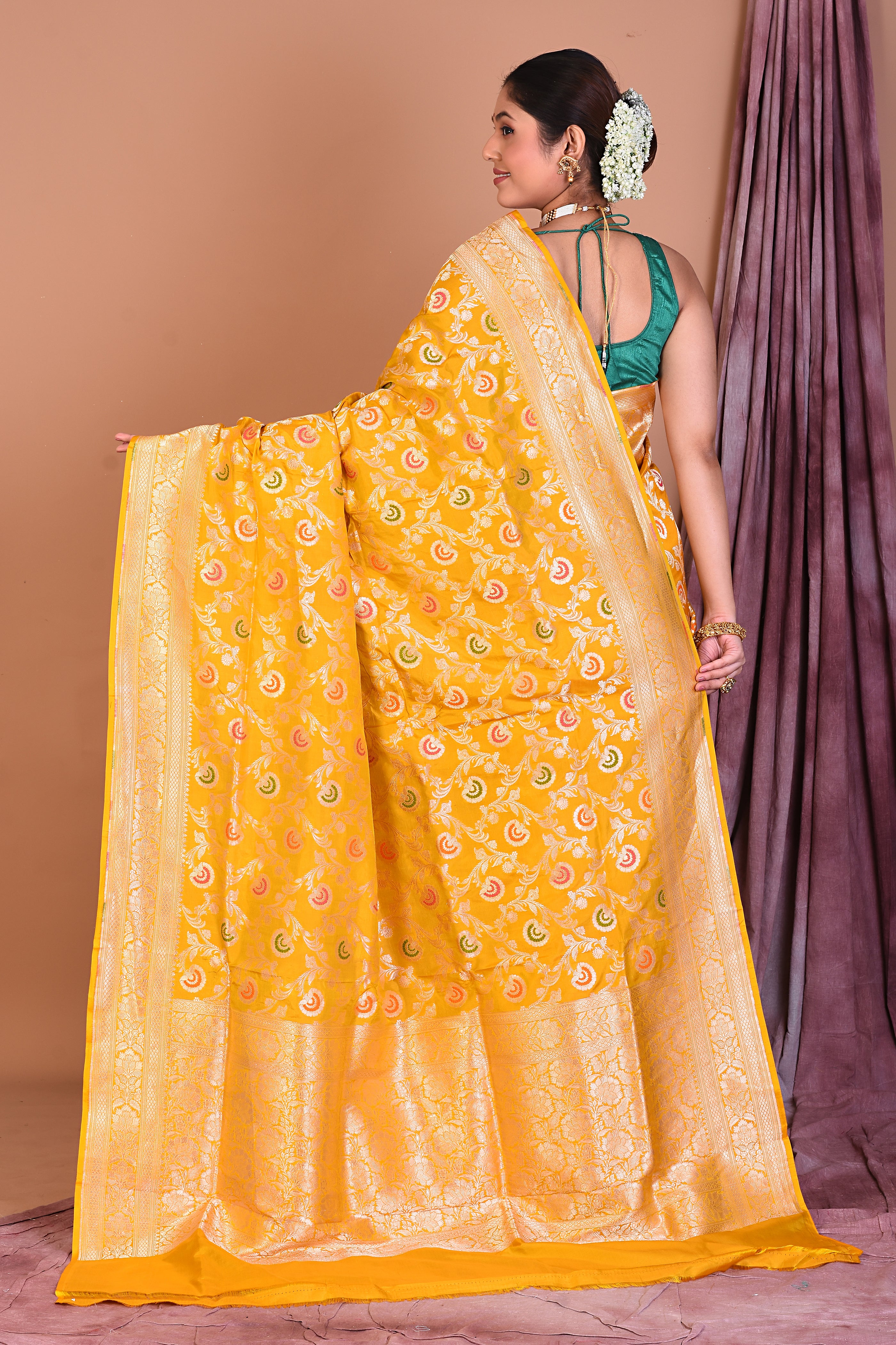 Yellow Pure Katan Saree with Golden Zari - Keya Seth Exclusive