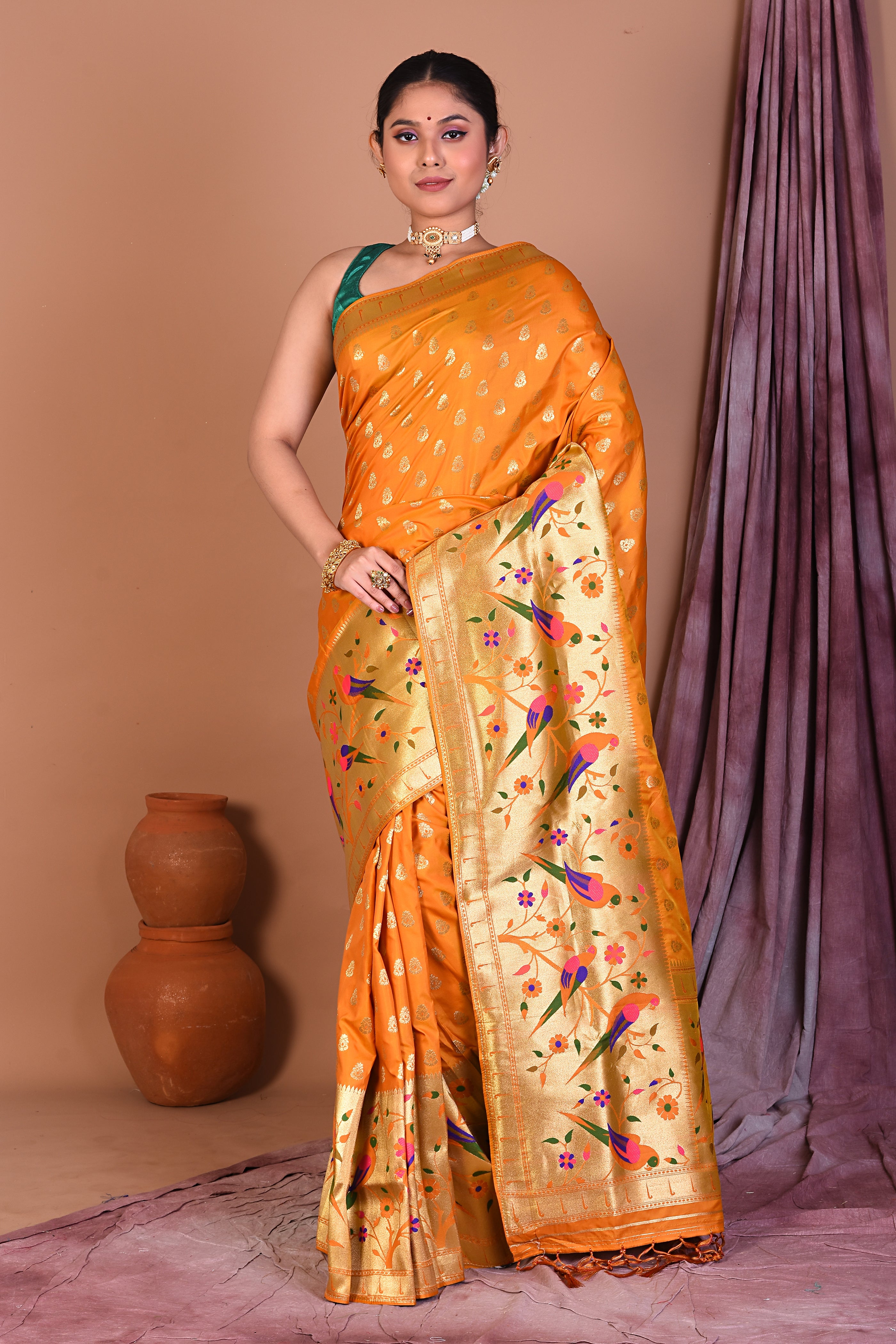 Mustard Blended Paithani Saree with Golden Zari - Keya Seth Exclusive