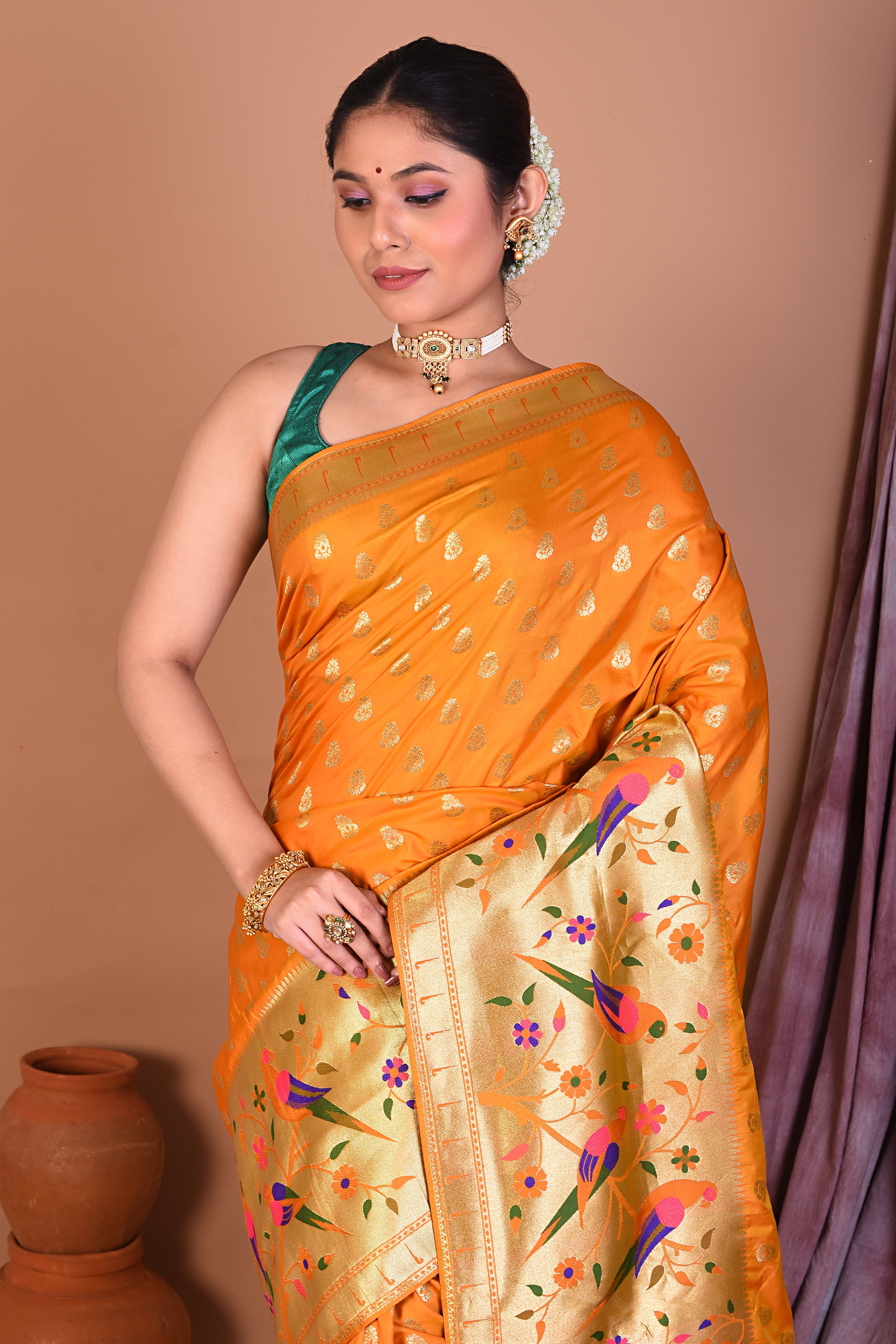 Mustard Blended Paithani Saree with Golden Zari - Keya Seth Exclusive