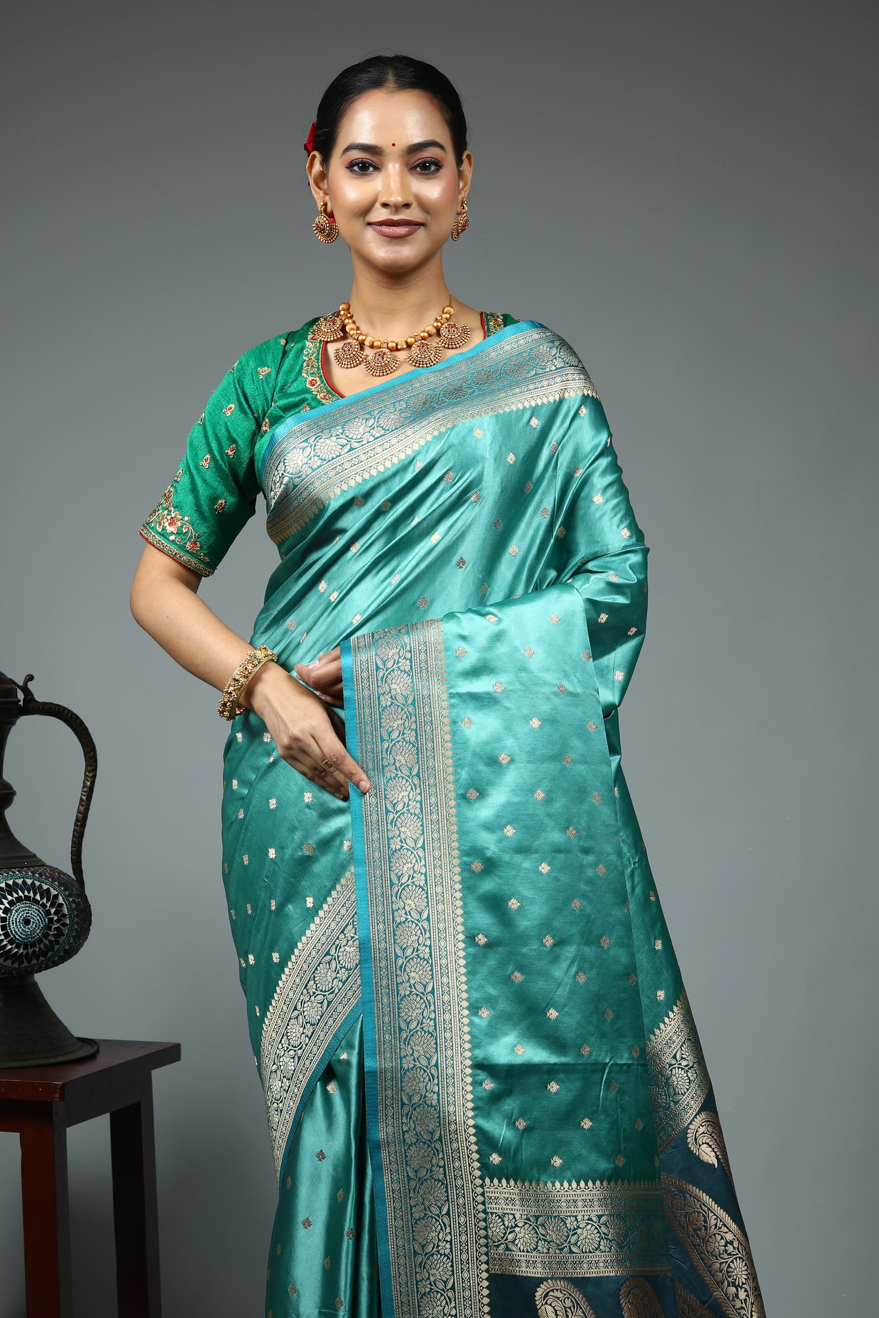 Sea Green Blended Mashru Silk Saree