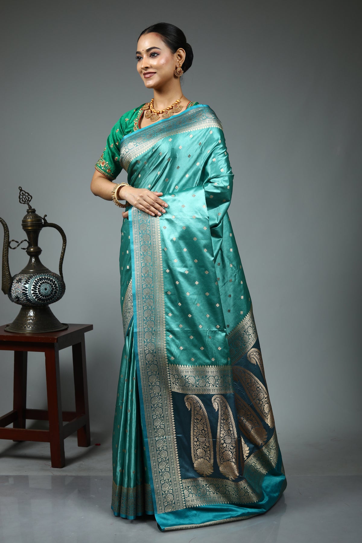 Sea Green Blended Mashru Silk Saree