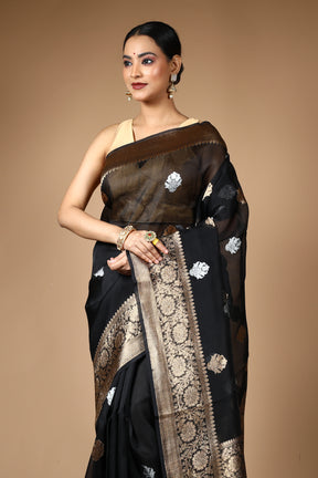 Black Pure Kora Silk Saree