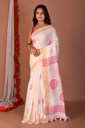 White Blended Linen Saree - Keya Seth Exclusive