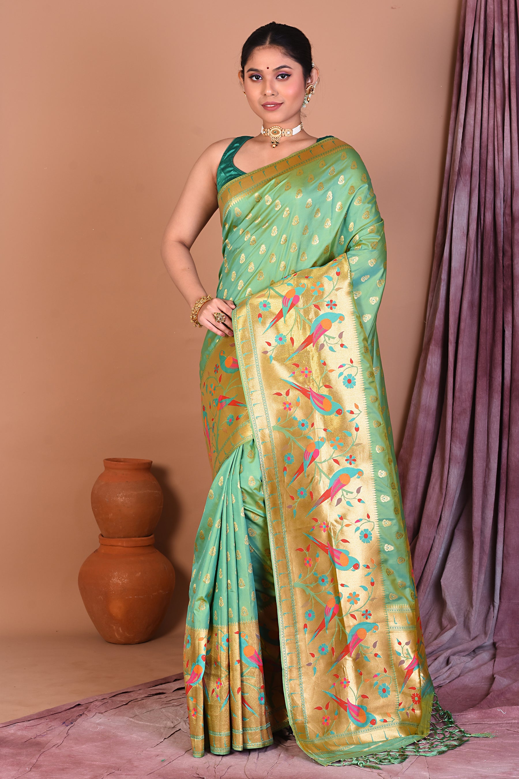 Sea Green Blended Paithani Saree with Golden Zari - Keya Seth Exclusive