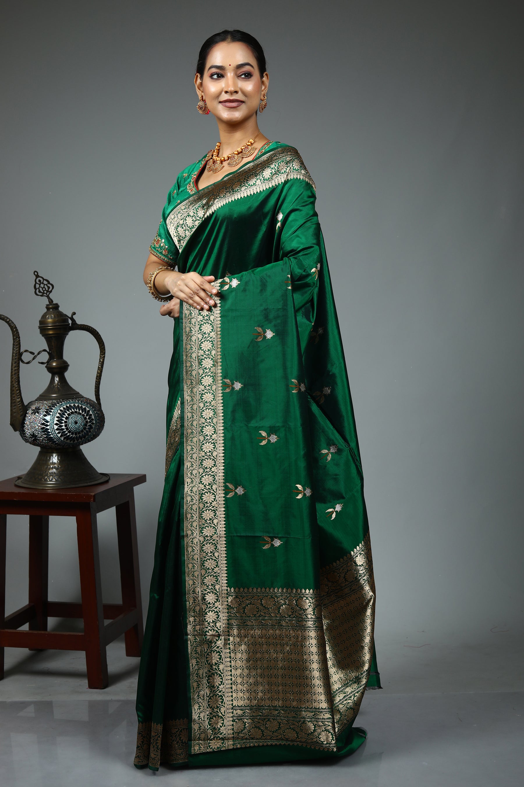 Bottle Green Pure Katan Saree
